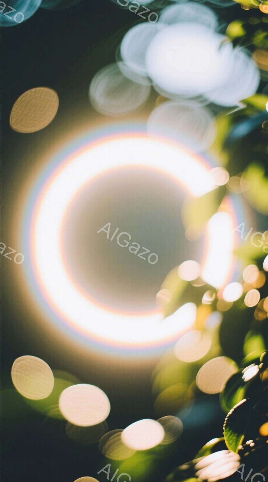 この画像はぼやけた光の球体が多数写っており、背景は緑色の植物で覆われています。中心には強い光のリングがあり、ぼかし効果によって幻想的で夢のような雰囲気が生まれています。全体的に暖かく、柔らかい光が印象的で、まるで夜の森の中で光の妖精が舞っているような様子を連想させます。