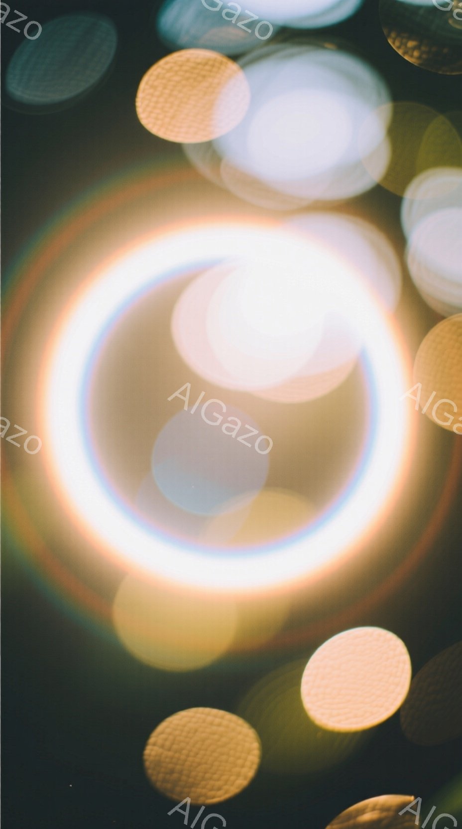 この画像は、ぼやけた光の円が特徴的で、背景は暗く、光が点在しています。焦点が合っていないため、人物や具体的な風景は判別できませんが、まるで夢の中のような、あるいは幻想的な雰囲気を醸し出しています。光の強弱や色合いが、柔らかく温かい印象を与えます。