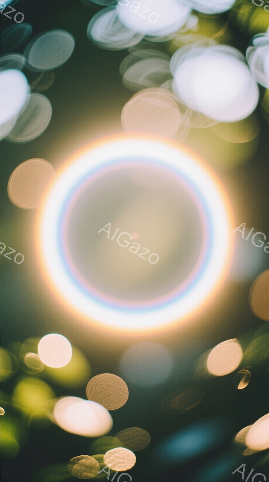 画像は、ぼやけた光の円が中央に大きく配置され、背景にはさらに多くのぼやけた光の球体が散りばめられています。全体的に緑と黄色のトーンで、幻想的で夢のような雰囲気を醸し出しています。人や具体的な被写体は確 - AI生成フリー素材