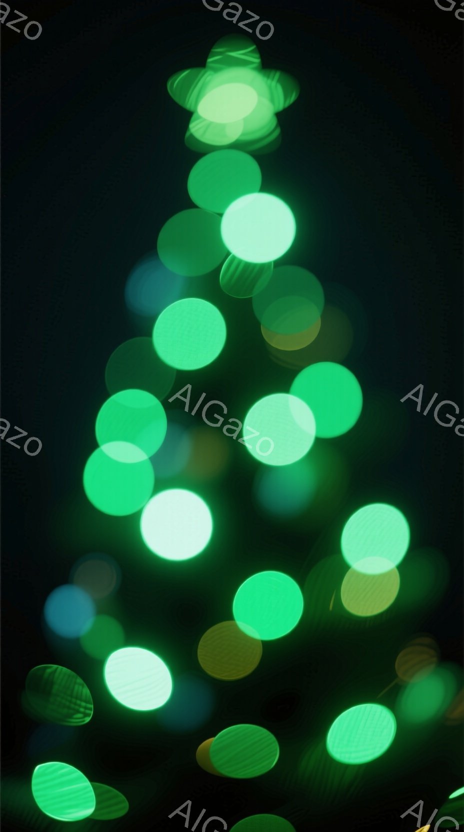 この画像は、暗い背景にぼやけた緑色の光の円が縦に並んで、クリスマスツリーのような形を作っています。光の円はさまざまな明るさと色合いを持ち、まるで光が舞っているような幻想的な雰囲気を醸し出しています。全体的に、柔らかく温かい光が、静かで穏やかな夜の雰囲気を表現しています。