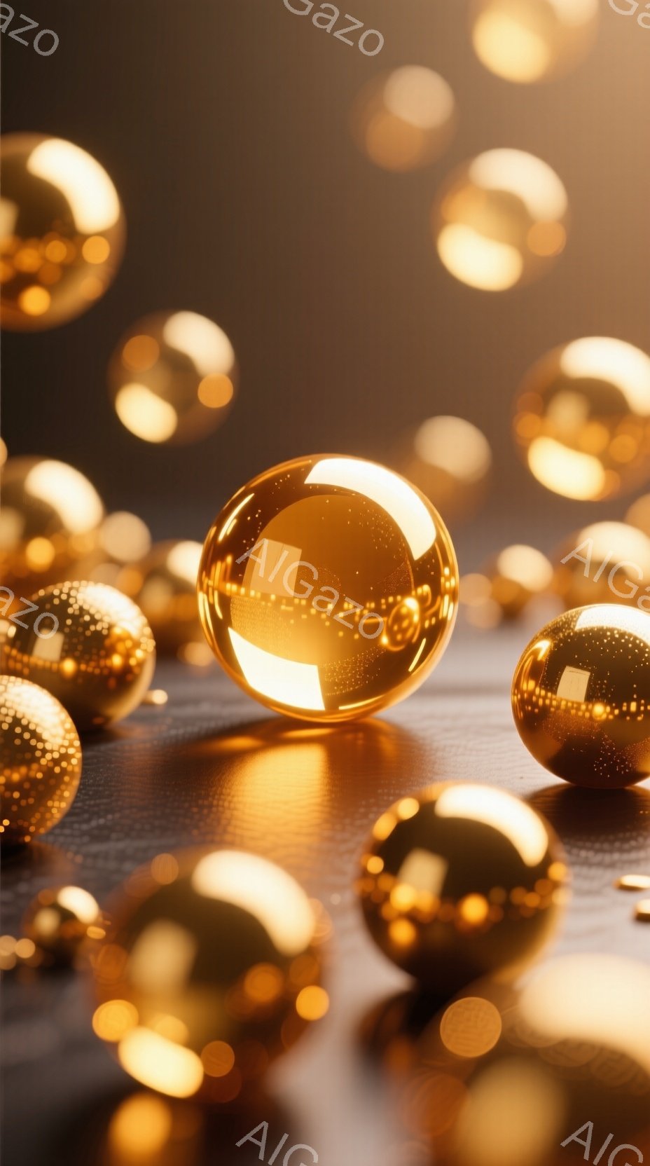鮮やかな金色の球体が無数に散りばめられた画像です。球体はそれぞれ光を反射し、滑らかで光沢のある質感を強調しています。背景は暗いグレーで、球体の輝きがより際立ち、夢幻的で華やかな雰囲気を醸し出しています。