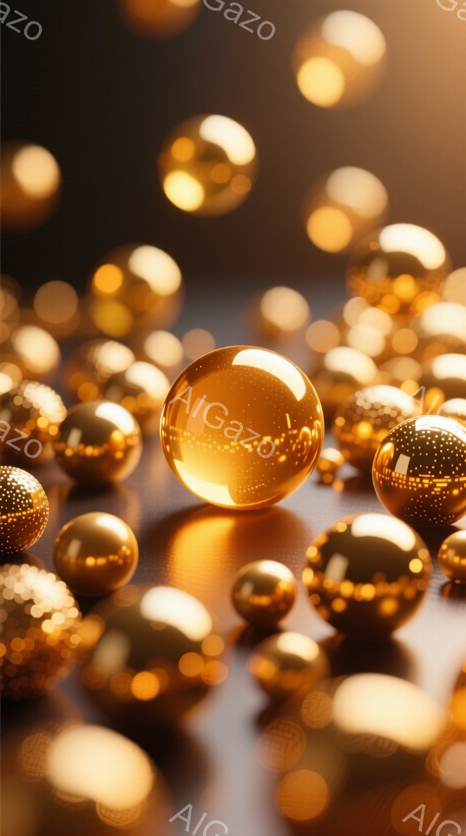 黄金色の球体が無数に散りばめられた、幻想的な光景が広がっている。球体は光を反射し、それぞれが小さな光源のように輝き、温かく華やかな雰囲気を醸し出している。背景は暗く、球体の光が際立ち、奥行きを感じさせる美しい表現となっている。