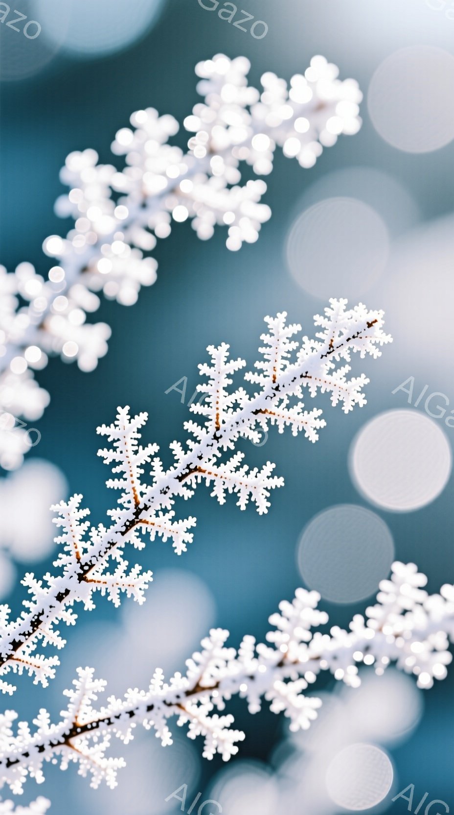白い小さな花が密集して枝に咲き乱れ、背景はぼやけた青色のグラデーションで、まるで冬の幻想的な風景のようです。花びらは繊細で、まるで雪の結晶のように輝き、冷たい空気と静けさを感じさせます。全体として、優美で静謐な雰囲気を持ち、見る者を穏やかな気持ちにさせる美しい写真です。