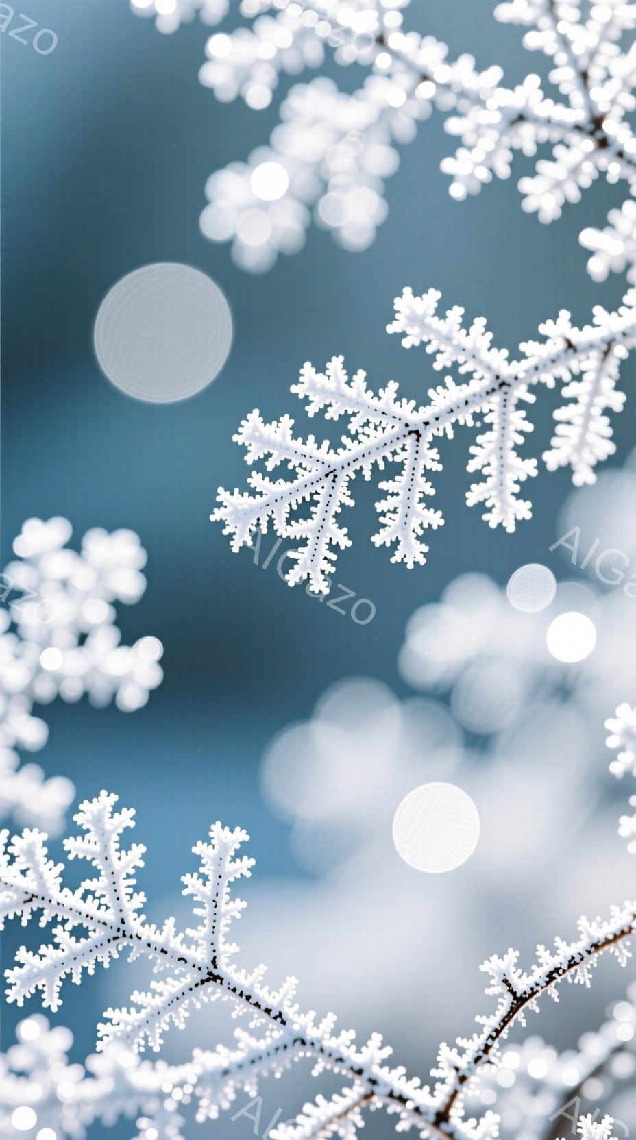 凍てつく冬の空の下、雪に覆われた木の枝が印象的な写真です。白い霜や雪が枝の繊細な形状を際立たせ、背景にはぼやけた白い光の玉が幻想的な雰囲気を醸し出しています。全体的に冷たく、静かで、冬の美しさを表現したイメージです。