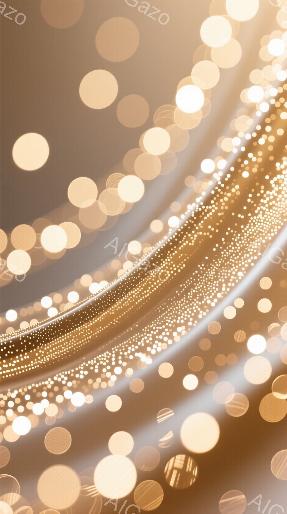 金色の光の粒子とぼやけた円が背景全体に散りばめられた抽象的な画像です。光の筋が曲線的に走り、キラキラとした幻想的な雰囲気を醸し出しています。全体的に暖色系の色調で、柔らかく優美な印象を与えます。 - AI生成フリー素材