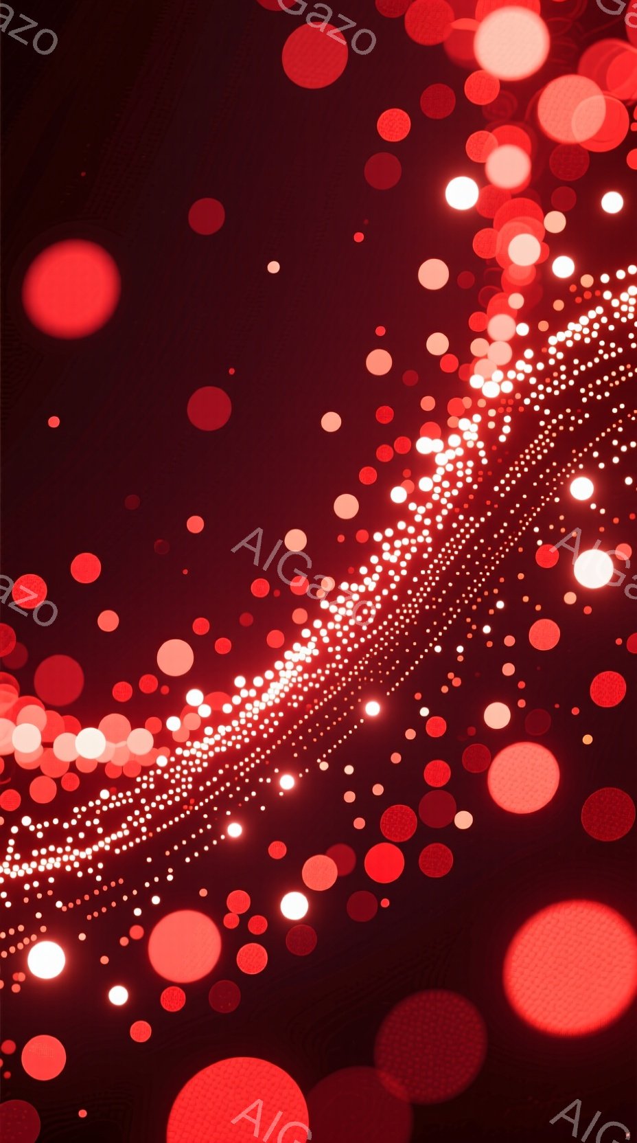 深紅色の背景に、様々な大きさの光の球体が散りばめられています。右側には、細く光る粒子が螺旋状に集まり、まるで流れ星のような軌跡を描いています。全体的に暖かく、幻想的な雰囲気が漂っています。