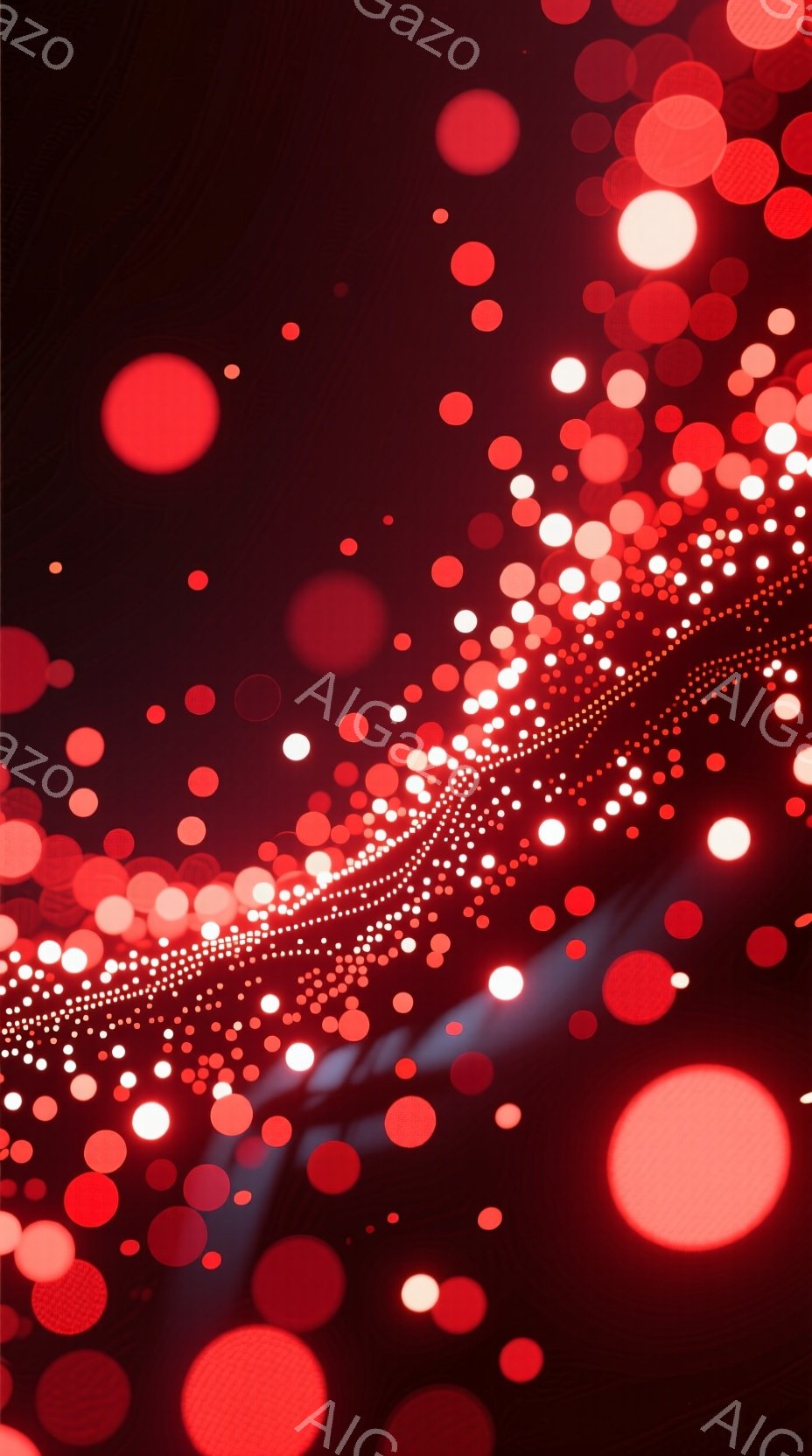 深紅と白の光の粒子が、暗い背景の中で舞い散る抽象的なイメージです。光の粒子は様々な大きさで、まるで星屑や花火のようにも見えます。全体的に幻想的で、エネルギーに満ちた雰囲気です。