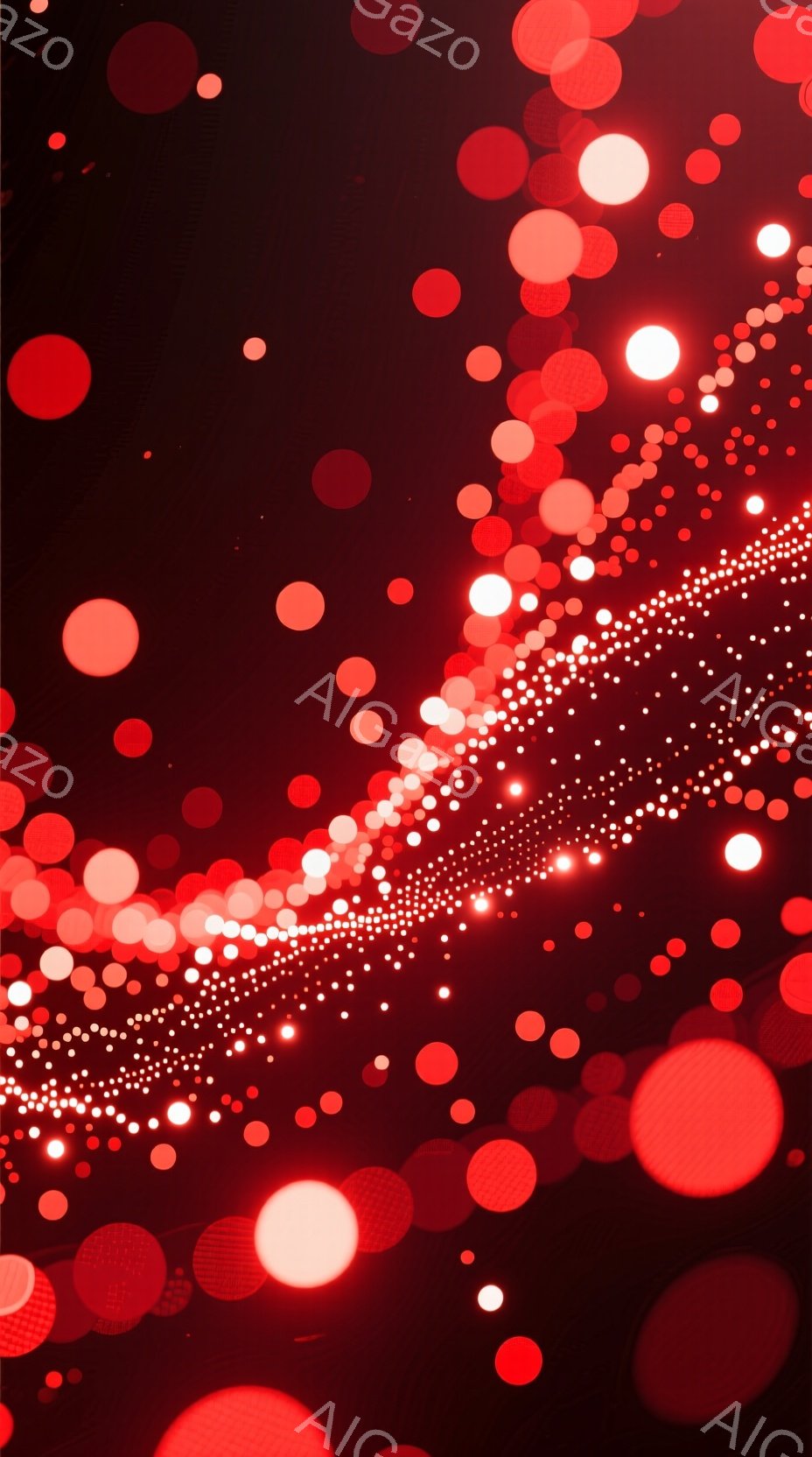 鮮やかな赤色の背景に、大小さまざまな光の球体が散りばめられています。光球は、左側から右へ流れるように配置され、まるで星空や光の軌跡を思わせるダイナミックな印象を与えます。全体的に暖かく幻想的な雰囲気で、視覚的に強いインパクトがあります。