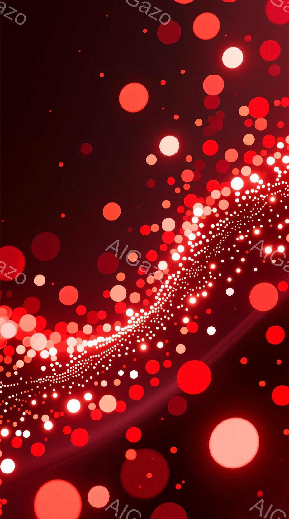 背景は濃い赤色で、大小さまざまな光の球体が散りばめられています。光の球体は白、赤、オレンジ色をしており、特に画面の対角線上に細長い光の筋が走ることで、動きと奥行きが強調されています。全体的に、光の粒子が舞い散るような幻想的で躍動感のある雰囲気を醸し出しています。