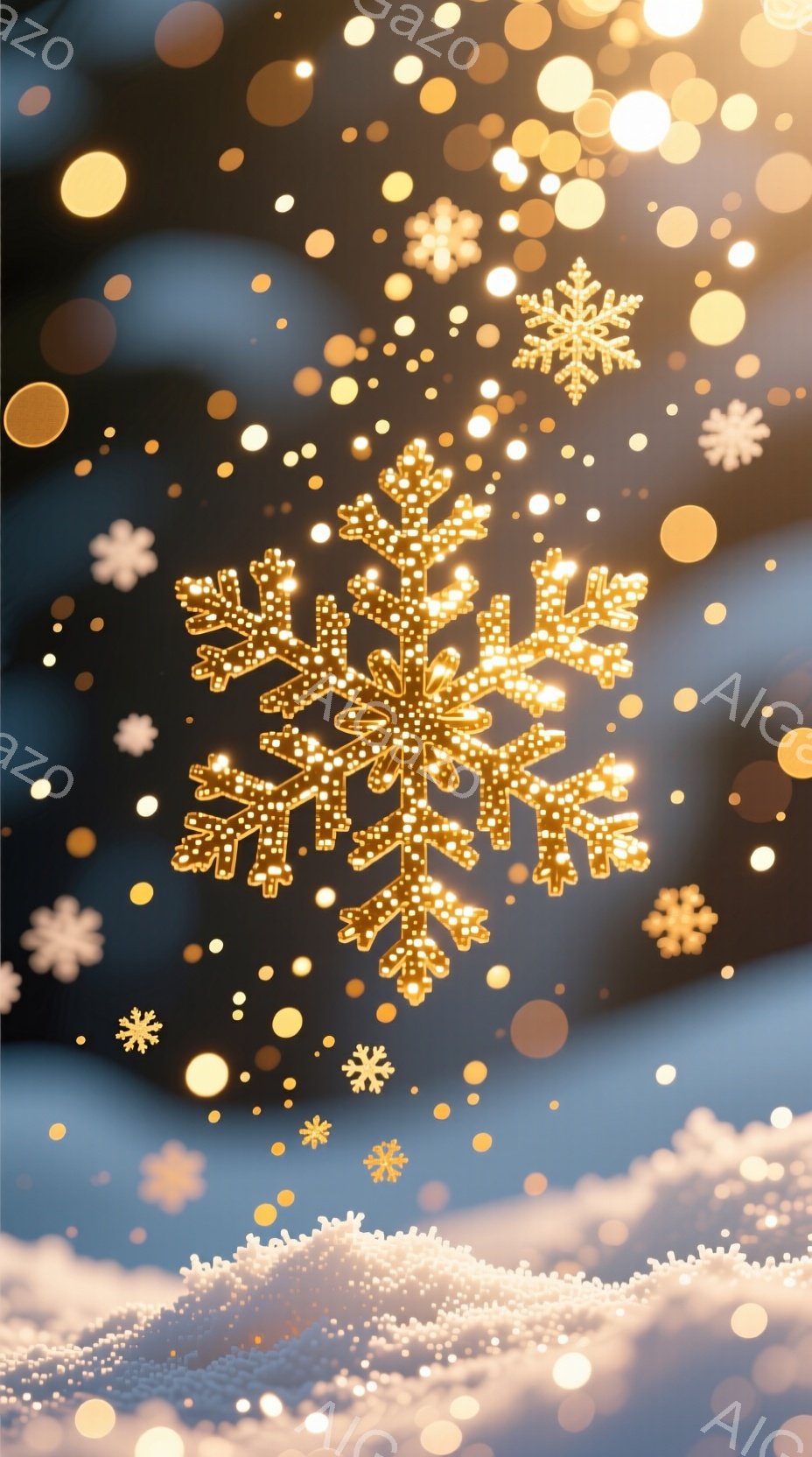 画像は、暗い青色の背景に輝く金色の雪の結晶が散りばめられた様子を描いています。下部には、光り輝く金色の粒子が積もったような表現があり、まるで雪景色を抽象的に表しているかのようです。全体的に幻想的で、冬の夜のきらめきを捉えた、華やかで美しい雰囲気です。