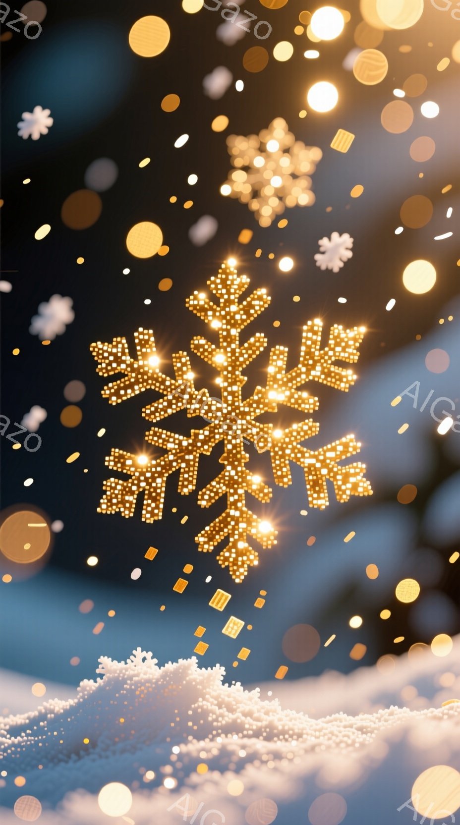 画像は、暗い青色の背景に輝く金色の雪の結晶が複数散りばめられた様子を捉えています。下部には、ぼやけた白い光の帯があり、雪景色を思わせる背景を作り出しています。全体的に、幻想的で温かい雰囲気の冬のシーンが表現されています。