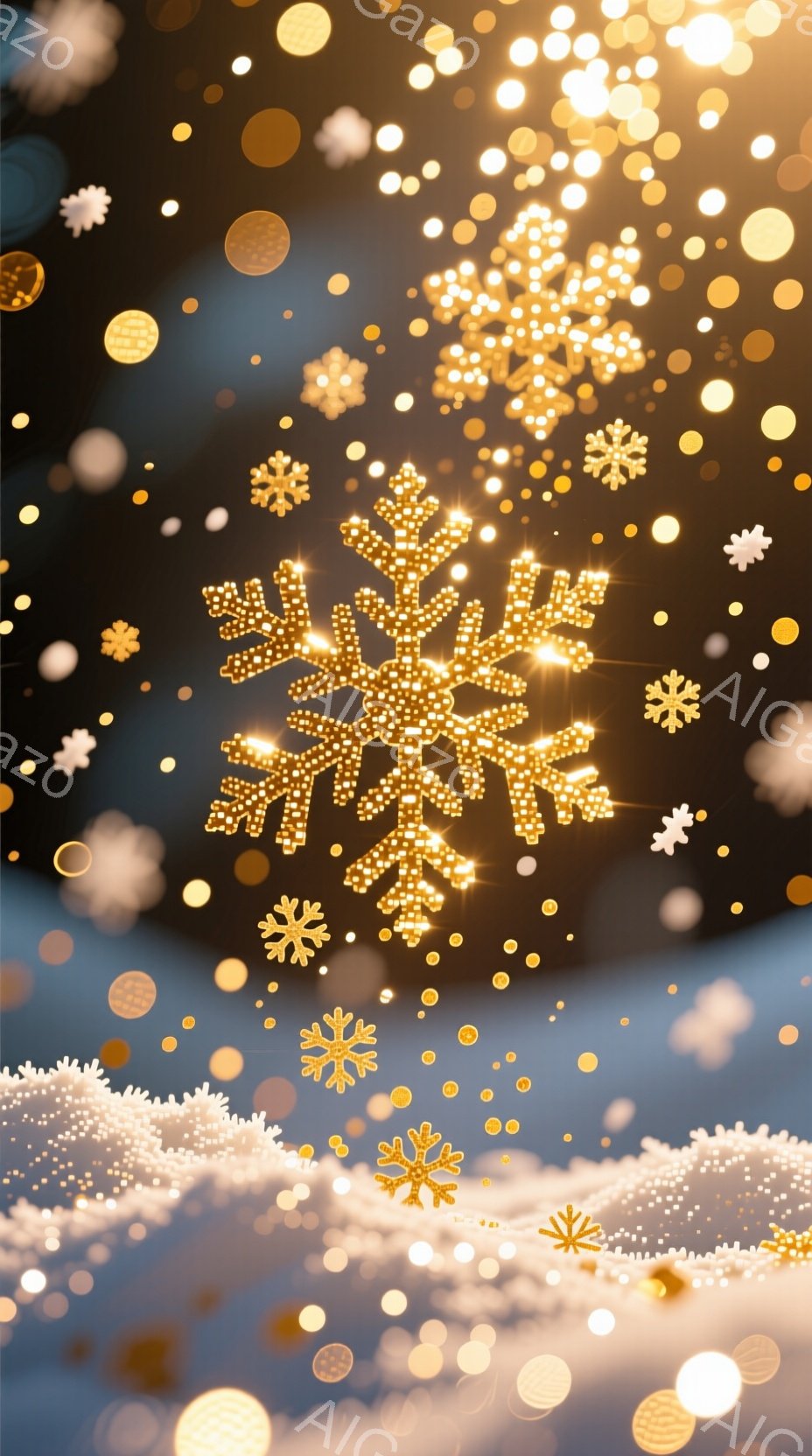 この画像は、暗い背景に金色の雪片が散りばめられた幻想的な光景を描いています。大きな雪片は、細かい光の粒で構成され、きらびやかに輝き、他の小さな雪片と共に、暖かい光を放っています。全体的に、冬の魔法のような、華やかで夢幻的な雰囲気が漂っています。