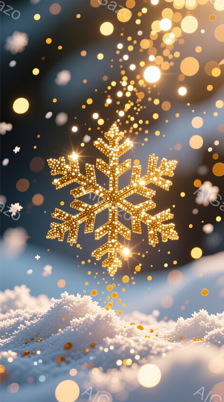 画像は、きらめく金色の雪の結晶を中心に、白い点描のような丘が広がる幻想的な風景を描いています。背景は、深い青から淡い水色へとグラデーションしており、無数の光の粒子が舞い散り、暖かく幻想的な雰囲気を醸し出しています。光の粒子と雪の結晶の輝きが、冬の夜の魔法のような瞬間を彷彿とさせます。