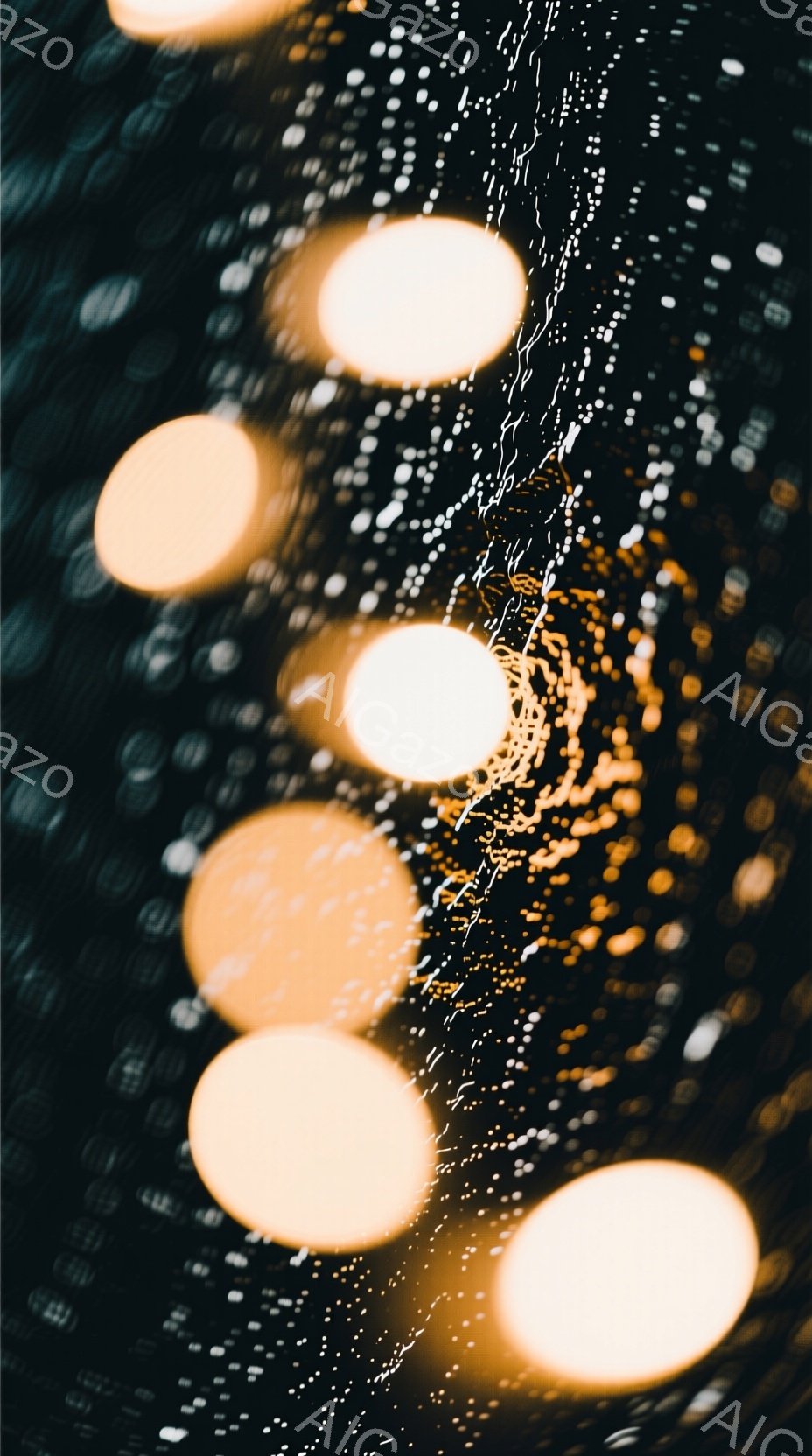画像は雨に濡れた窓ガラスを通して見た光のぼやけであり、暖色の丸い光が散りばめられている。背景は暗く、光の反射によって雨粒が強調され、幻想的で少し寂しげな雰囲気を醸し出している。全体的に、都市の夜景をぼかして捉えた抽象的な表現であり、雨の日のメランコリックな感情を呼び起こす。