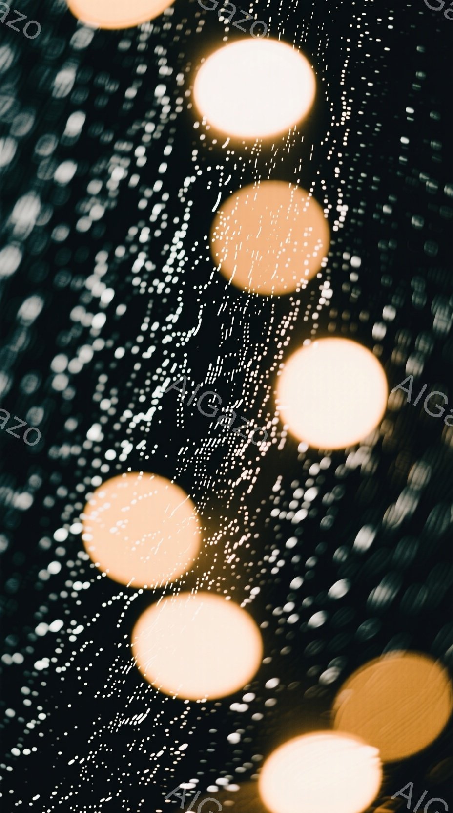 夜間の雨の中で撮影されたぼやけた写真で、背景には多数の小さな水滴が見られます。温かみのあるオレンジ色の光がぼんやりと浮かび上がり、雨粒を通して柔らかく拡散されています。全体的に幻想的で、少し寂しげな雰囲気が漂っています。