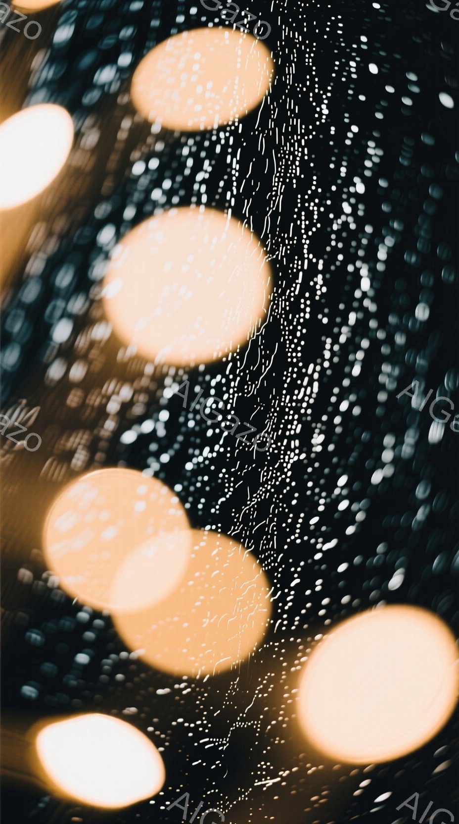 雨粒で覆われた視点から、ぼやけたオレンジ色の光のぼんやりとした円が捉えられています。雨の雫がレンズを覆い、街灯や車のヘッドライトのような光源がぼやけ、幻想的な雰囲気を醸し出しています。全体的に、雨の日の都会の風景を捉えた、ノスタルジックでムーディーな印象を与える画像です。