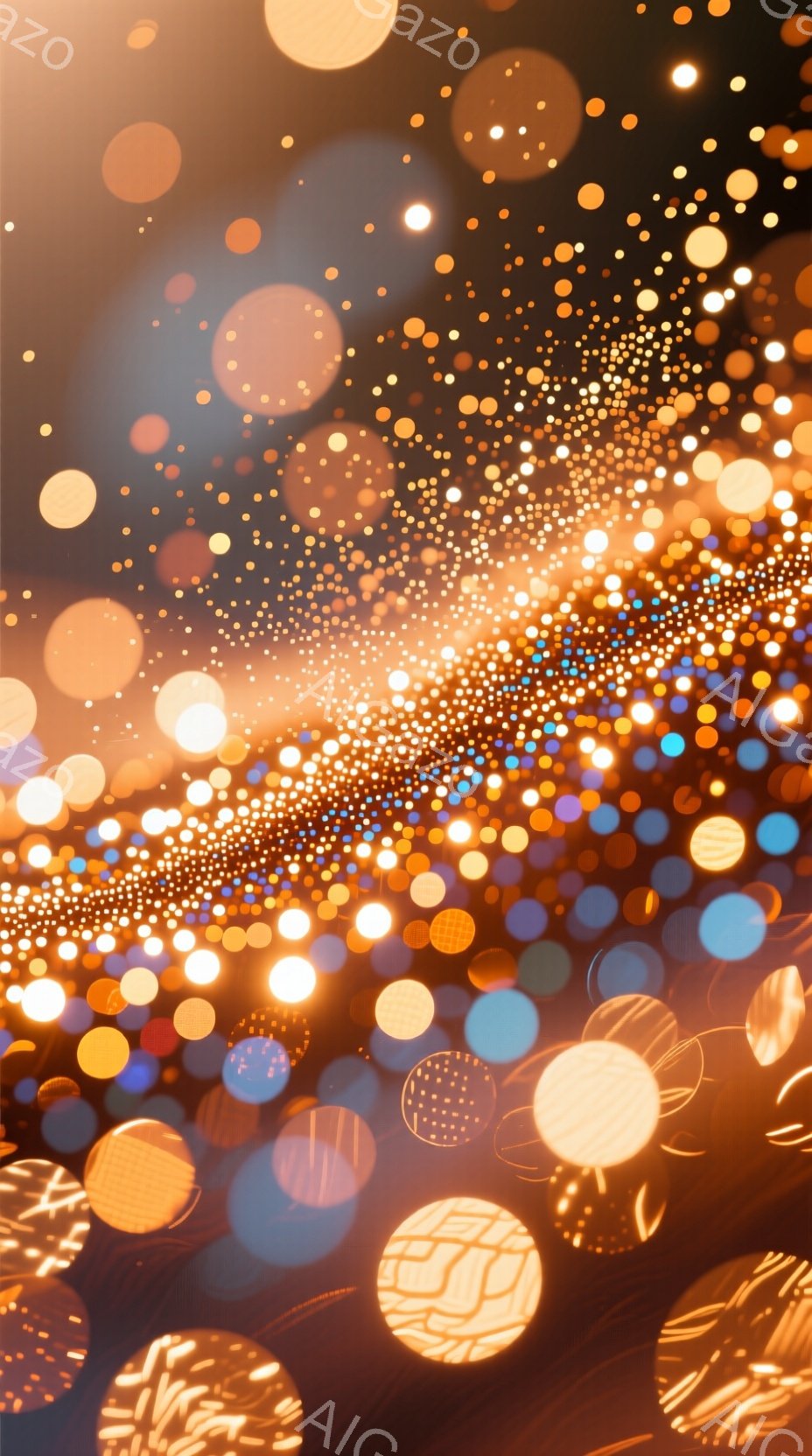 この画像は、ぼやけた光の球体の集合で、まるで夜空の星のような印象を与えます。暖色系の光が中心に集まり、キラキラとした幻想的な雰囲気を醸し出しています。光の軌跡が描く曲線と円が、動きのある美しい抽象的な光景を作り出しています。