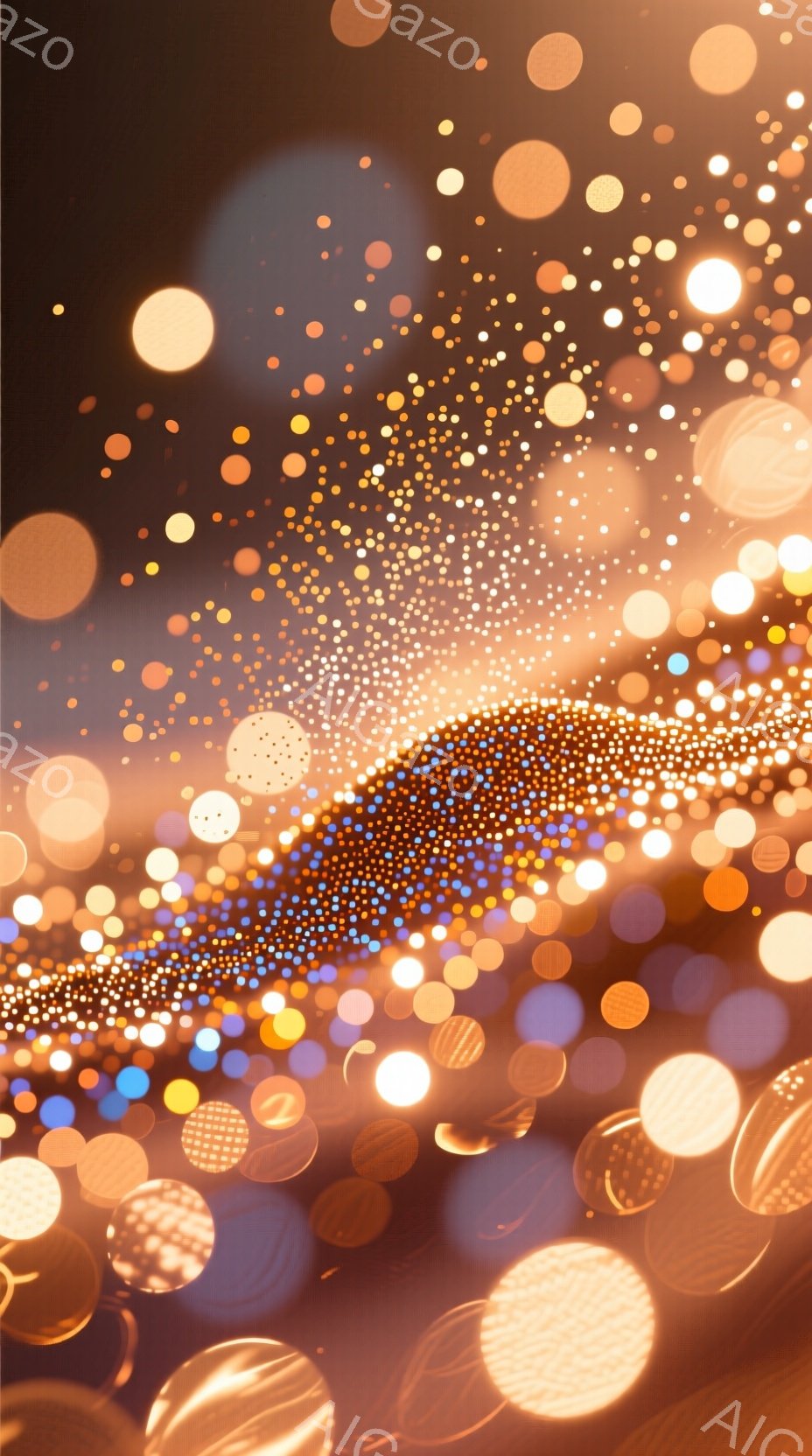 この画像は、ぼやけた光の抽象的な表現で、まるで夜空の星屑や祭りの光のように見えます。暖色系のオレンジや黄色、そして青色の光点が無数に散りばめられ、夢幻的な雰囲気を醸し出しています。焦点が定まっていないため、具体的な形状は認識できませんが、光の粒が織りなすテクスチャが印象的です。