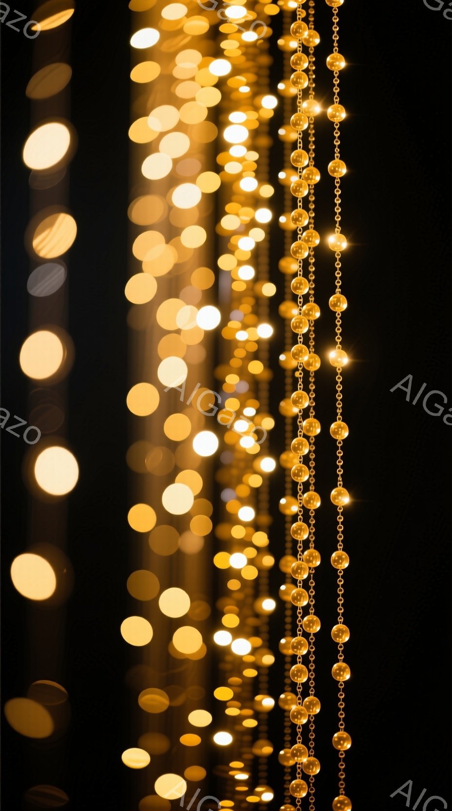 暗い背景に、ぼやけた金色の光の帯が縦に並んで配置されています。光は球状や細長い帯状で、まるで光のカーテンのようです。全体的に幻想的で、暖かい雰囲気を醸し出しています。