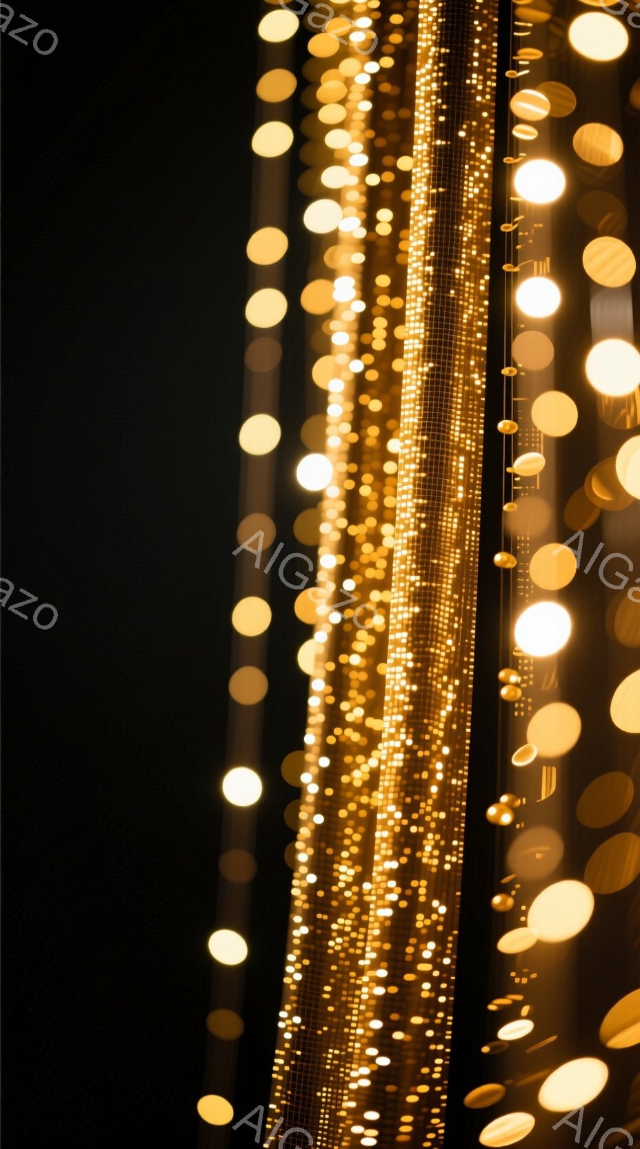 暗闇の中に、ぼやけた黄金色の光の線が垂直に伸びています。光の帯は、小さな球体のような光の連続と、きらめく細い光の帯で構成されており、夜空に浮かぶ星々や、幻想的な光のカーテンを連想させます。全体的に、暖かく、夢のような、そして少し神秘的な雰囲気が漂っています。