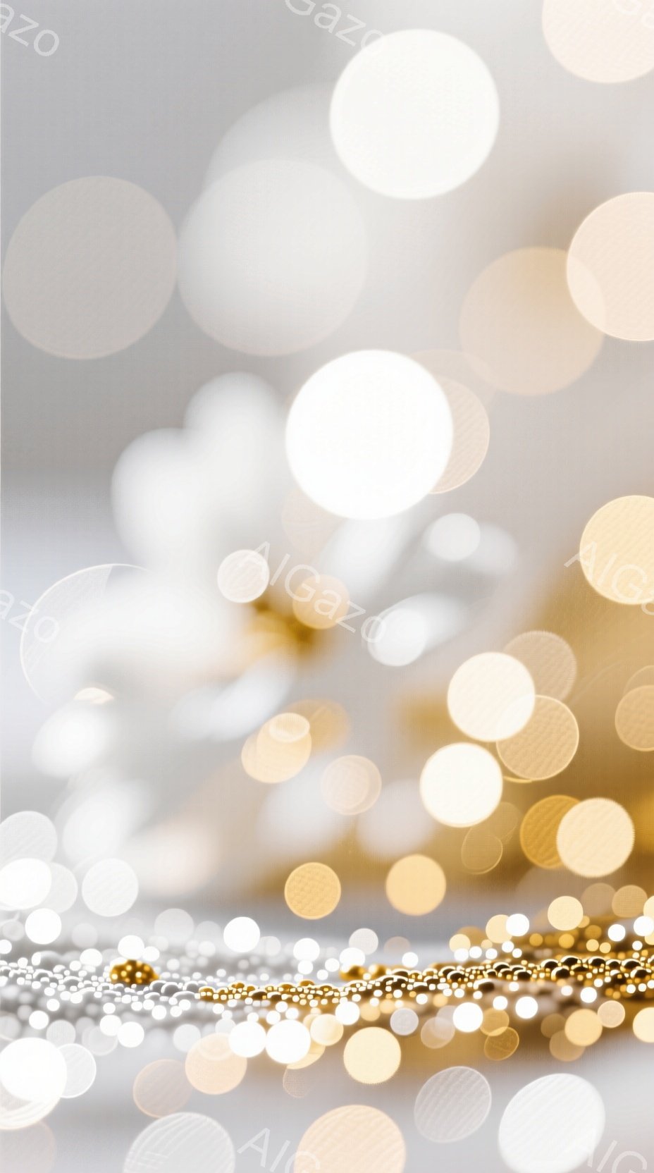 この画像は、ぼやけた光の球体が重なり合う抽象的な表現です。金色と白の光が散りばめられ、まるで星空やパーティー会場のような幻想的な雰囲気を醸し出しています。背景はぼやけており、光の球体が主な焦点となって - AI生成フリー素材