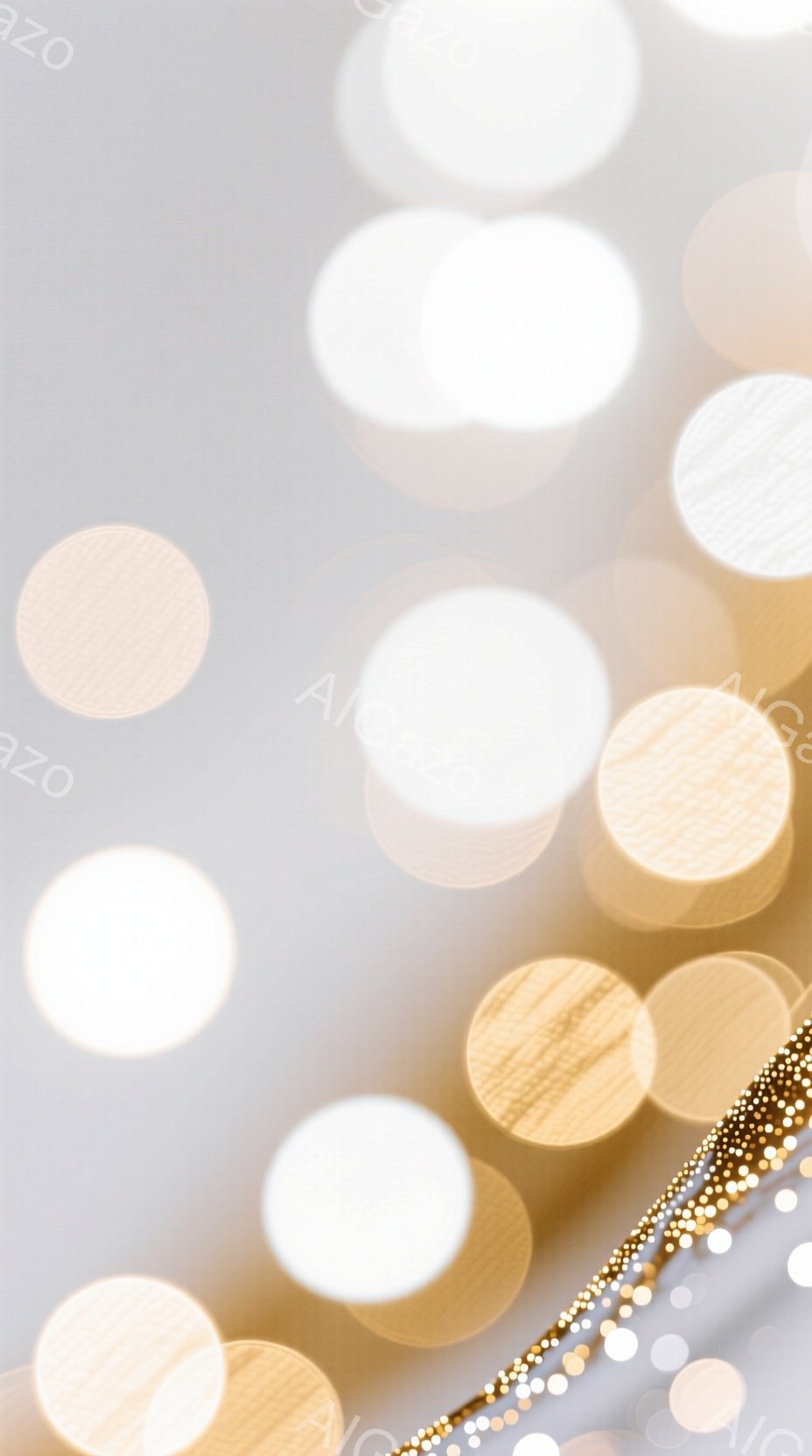 ぼやけた光の背景で、円形の光源が散りばめられています。金色の光点と白色の光点が混ざり合い、柔らかく暖かな雰囲気を醸し出しています。背景は全体的に淡く、まるで夢のような、または幻想的な印象を与えます。