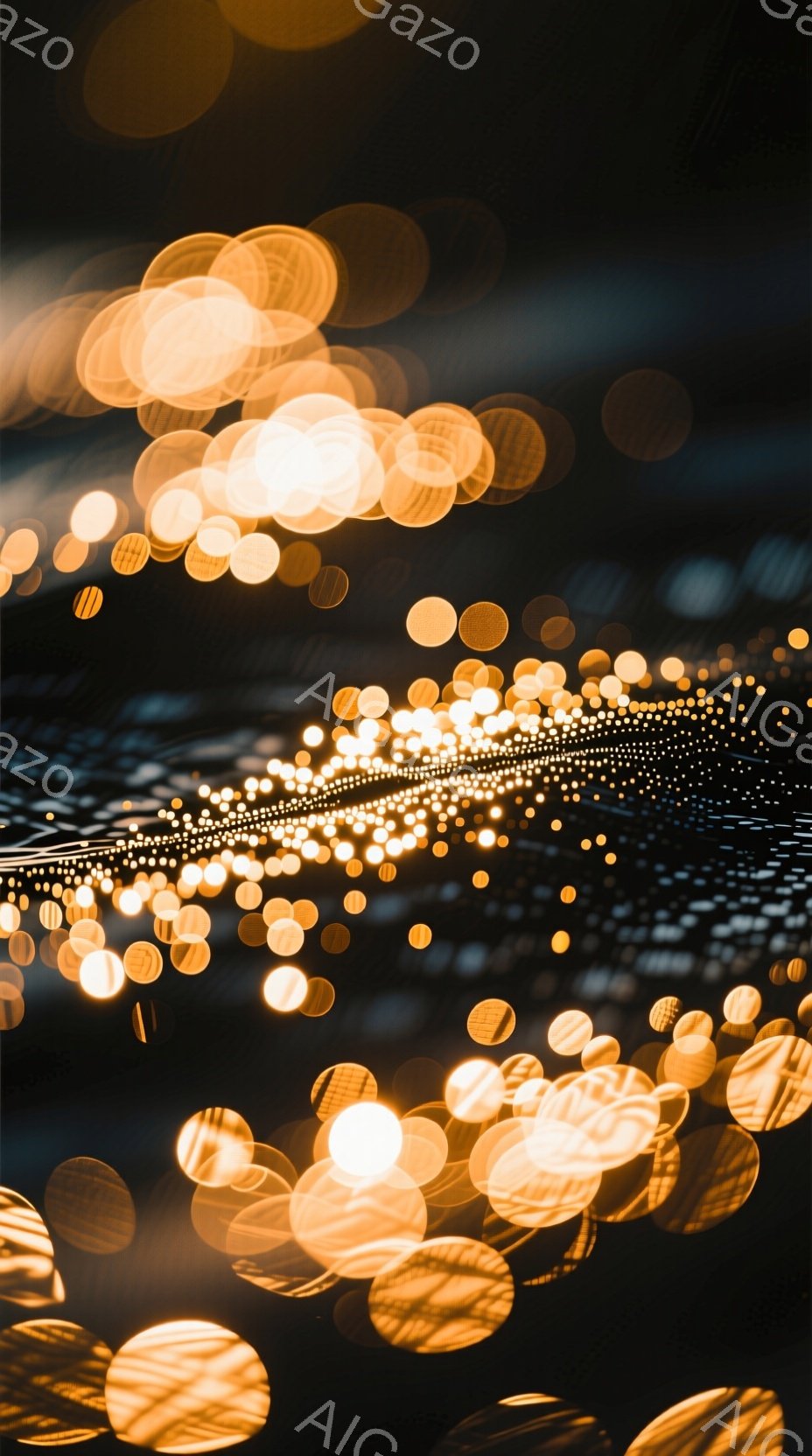 この画像は、ぼやけた光の球体の集合が特徴的で、まるで夜空の星屑やパーティーの華やかな装飾のようである。光の球体は暖色系の黄色やオレンジ色を基調としており、暗い背景の中で幻想的で夢幻的な雰囲気を醸し出している。全体としては、動きのある光の軌跡が捉えられており、時間の経過やエネルギーの流れを感じさせる。