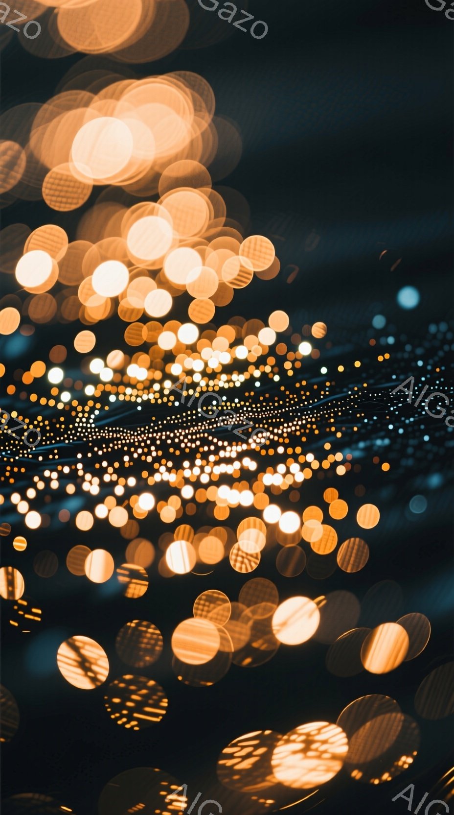 画像は夜間のぼやけた光の点々が特徴的で、オレンジ色と黄色の光が空中に漂っているように見えます。光はまるで星のように散らばり、背景は暗闇に包まれており、幻想的でロマンチックな雰囲気を醸し出しています。焦点がぼやけているため、具体的な形は識別できませんが、光の温かさが全体を包み込んでいます。