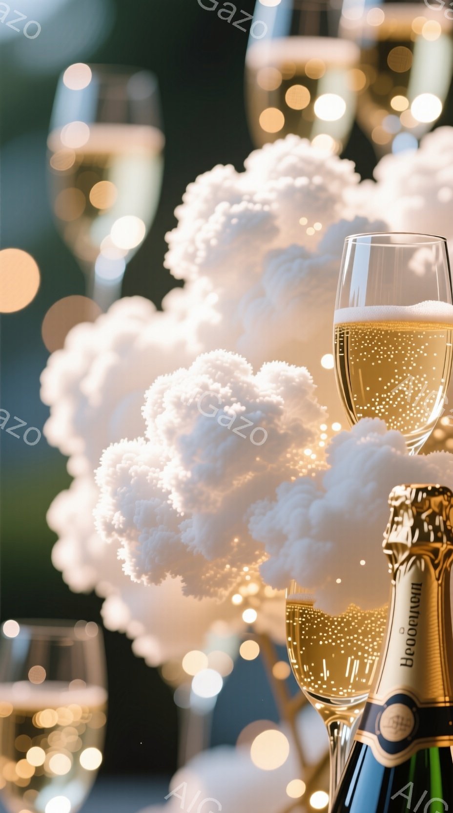 シャンパンがグラスから溢れ出し、泡が輝いている様子が捉えられています。背景にはぼやけた光点と白い花々が広がり、華やかで夢幻的な雰囲気を醸し出しています。ボトルは金色のラベルが貼られており、高級感と祝祭感を高めています。