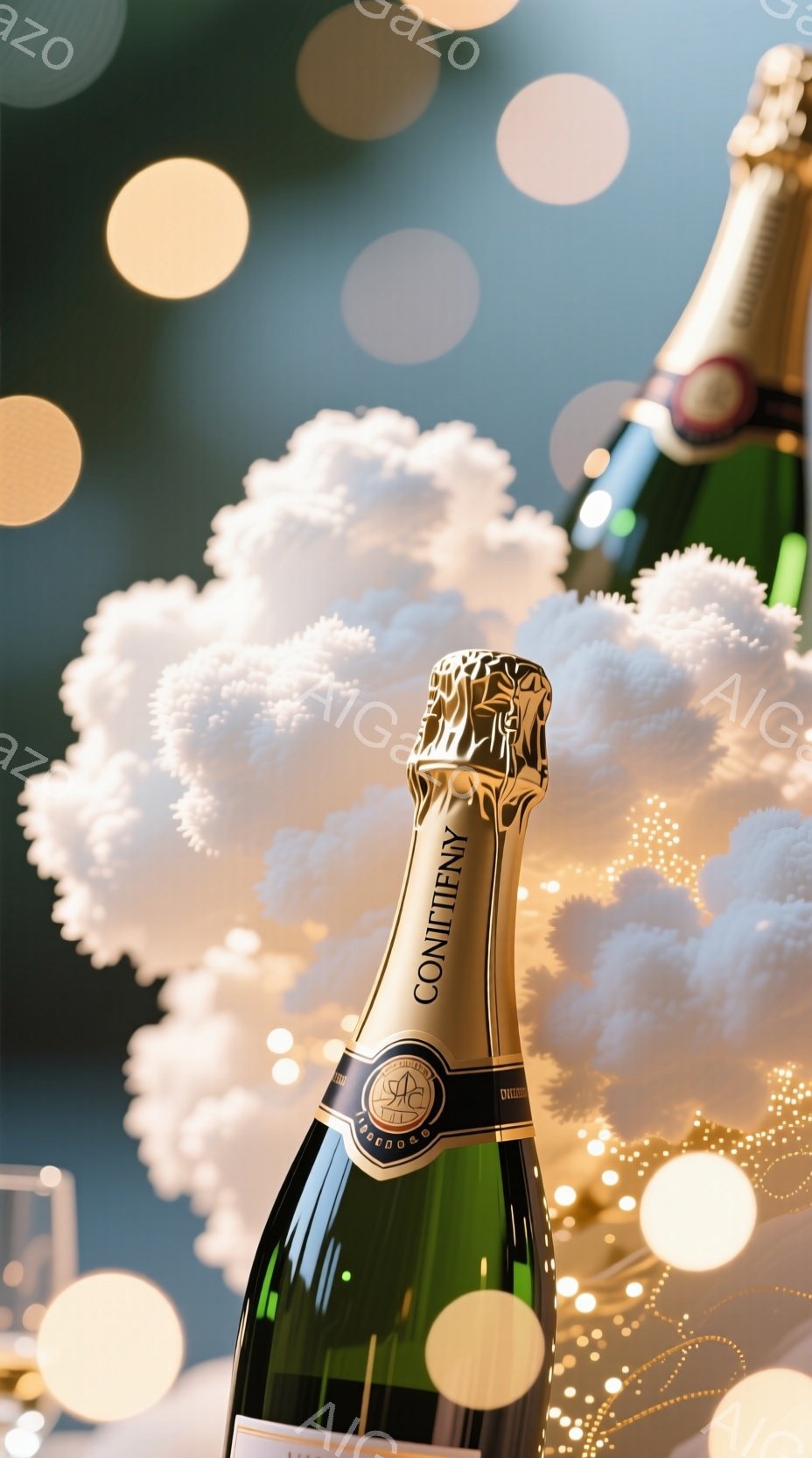 鮮やかな緑色のシャンパンボトルが中央に配置され、金色のラベルには「CONTIENI」と書かれています。ボトルの上部には泡が溢れ出し、背景にはぼやけた金色の光が輝く装飾が散りばめられています。華やかで祝祭的な雰囲気が漂い、特別な機会を祝うためのイメージです。