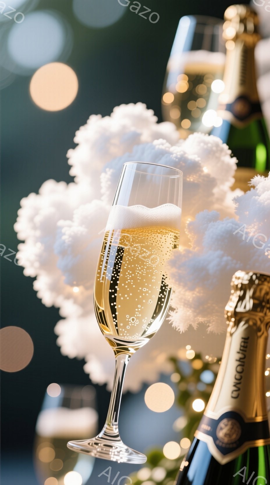 シャンパンがグラスに注がれており、泡が立ち上っている様子が捉えられています。背景にはぼやけたクリスマスツリーの飾りと、キラキラとした光のぼかしがあり、お祝いの雰囲気を醸し出しています。シャンパンボトル - AI生成フリー素材