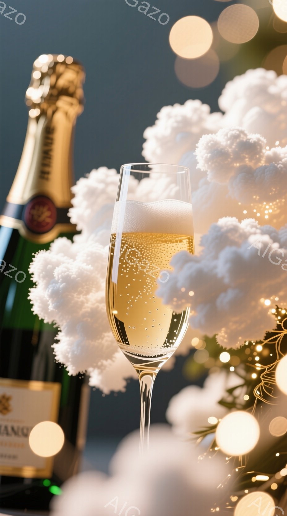 シャンパンがグラスに注がれており、泡が立ち上っている様子が捉えられています。背景にはシャンパンボトルと、白いポンポンの装飾、そしてぼんやりとしたクリスマスツリーのライトが見え、華やかな雰囲気を醸し出しています。全体的に、お祝いやパーティーのシーンを連想させる、温かく明るいイメージです。