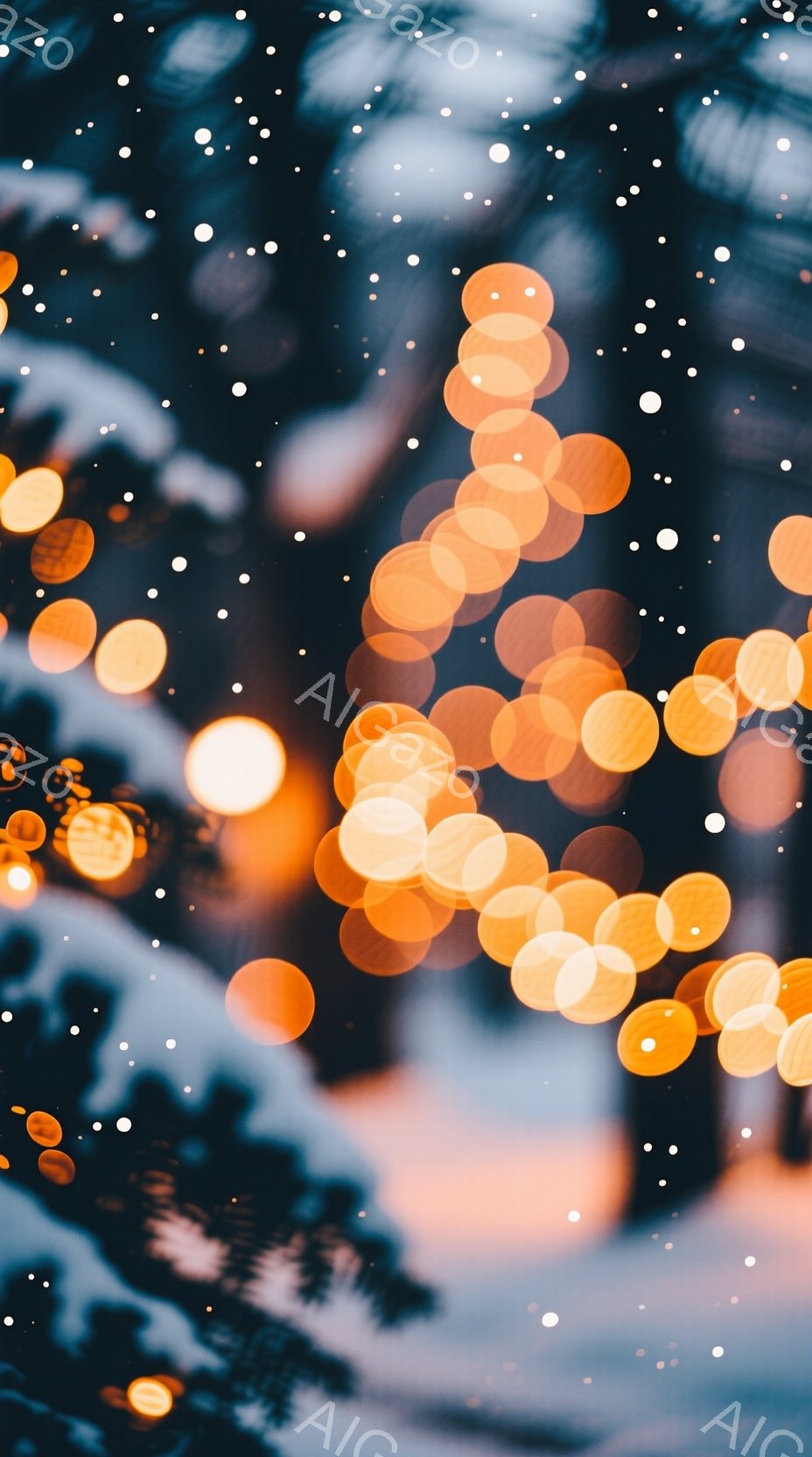 画像は、ぼやけたオレンジ色の光のぼかしが特徴で、まるでクリスマスのイルミネーションやパーティーの雰囲気を表現しているかのようだ。背景には、暗くぼやけた樹木が見え、光のぼかしと対照をなしている。全体的に、暖かく幻想的な雰囲気が漂い、夢のような感覚を呼び起こす。