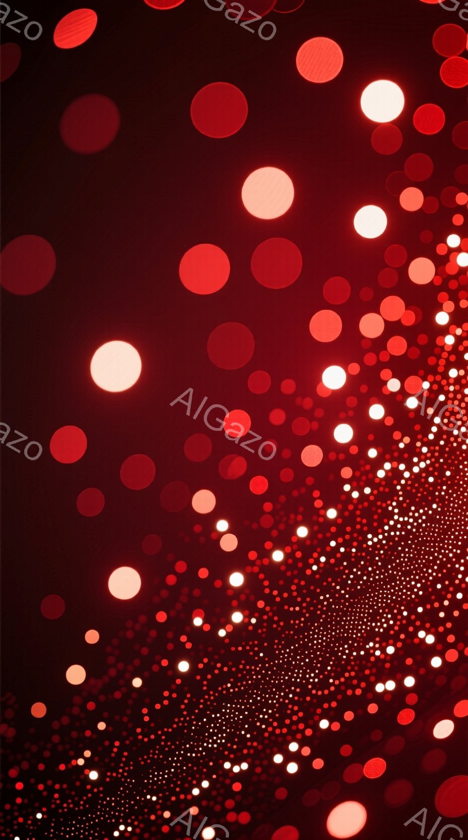 深紅色の背景に、大小さまざまな白い光の球体が散りばめられています。光の球体は、画面の左側で大きく、右側に向かうにつれて小さく密集し、まるで星雲や粒子のような印象を与えます。 全体的に幻想的で、神秘的な - AI生成フリー素材