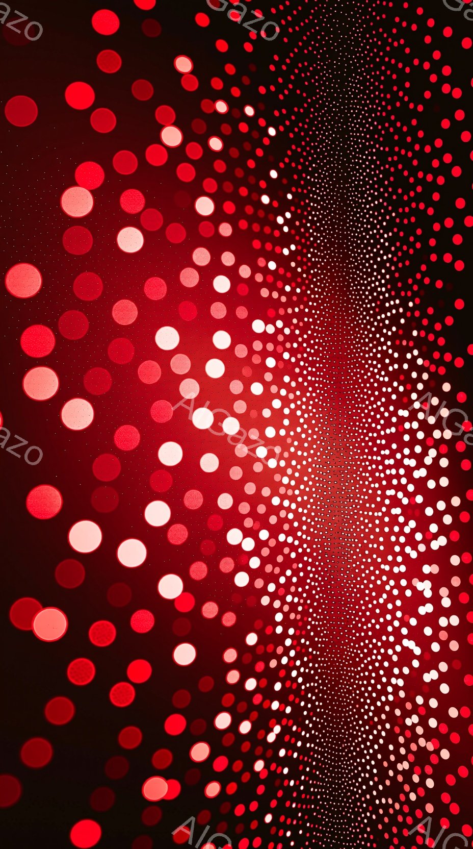 赤色のドットが背景全体に密集し、中央に向かって徐々に密集度が増していく様子が描かれている。ドットは様々な大きさで、光の粒子のように輝き、視覚的な奥行きを生み出している。全体的に、力強く、神秘的な雰囲気であり、無限の広がりを感じさせる。