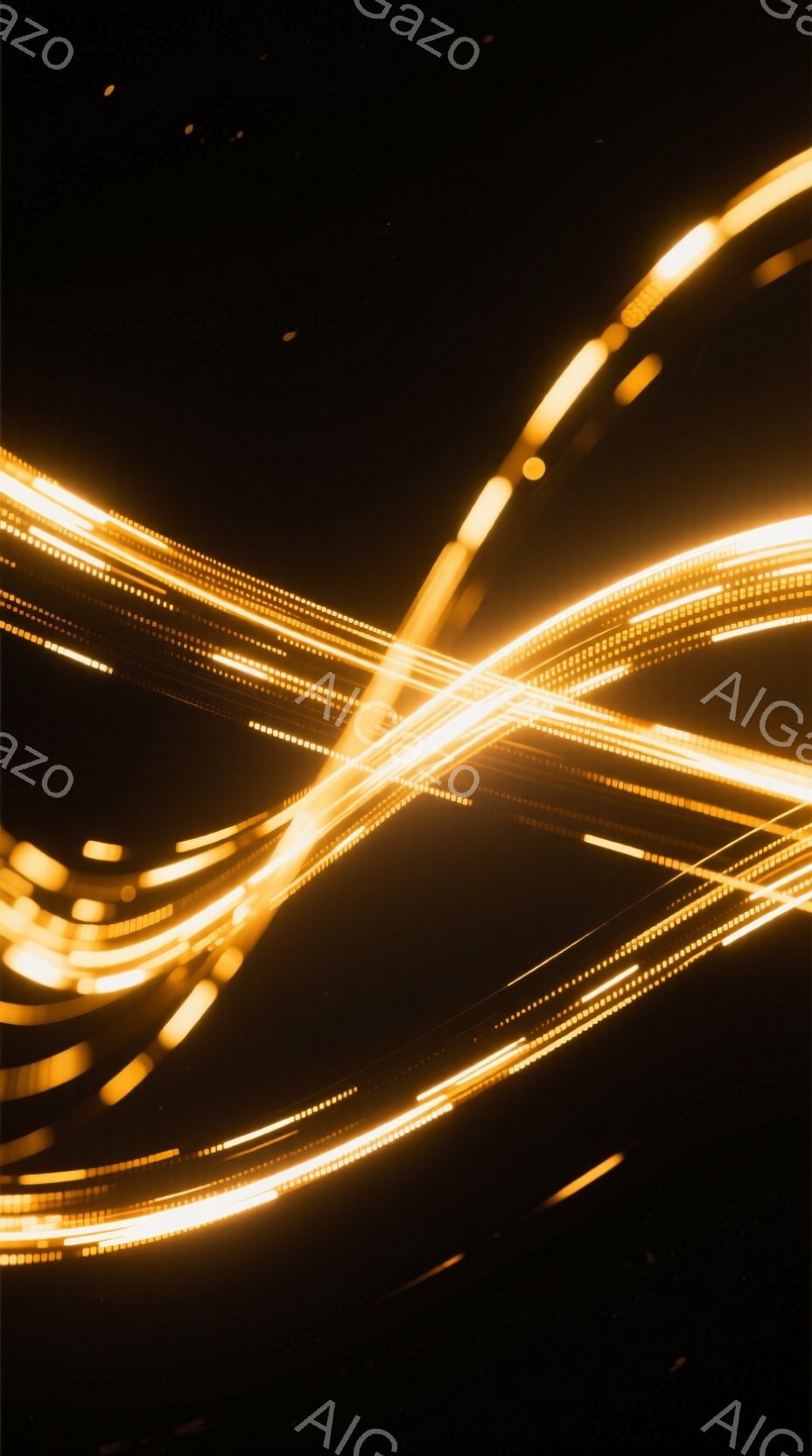 暗闇の中に、流れるような金色の光の線が描かれ、まるで光の軌跡が空中に漂っているかのような印象を与える。光線は不規則に交差し、動きとエネルギーを感じさせる抽象的な構図となっている。背景は漆黒であり、光の鮮やかさを際立たせ、神秘的で未来的な雰囲気を醸し出している。