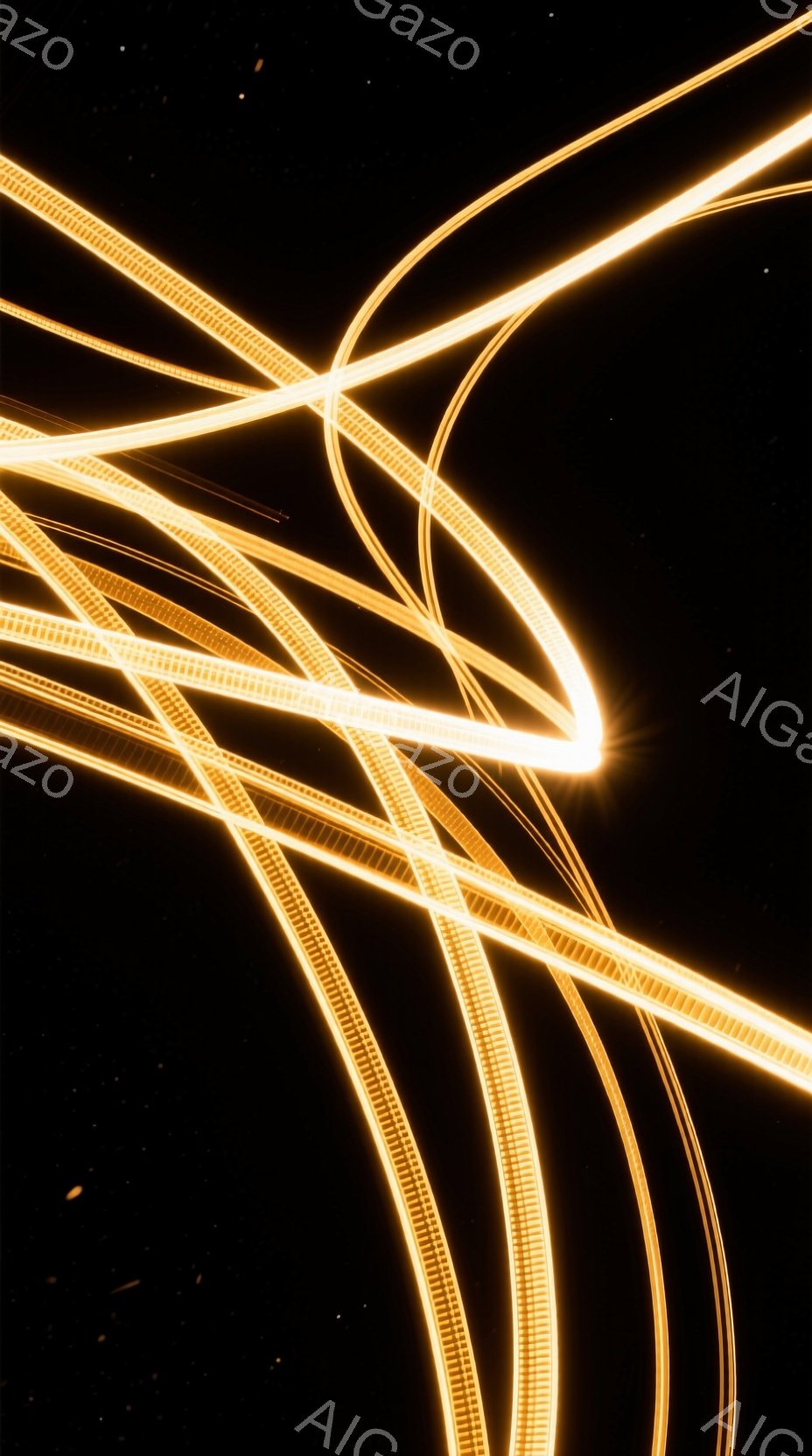 暗闇の中に、光の線が交差する抽象的な画像です。これらの光の線は、まるで光るチューブのような質感を持っており、ダイナミックで未来的な印象を与えます。背景は漆黒で、光の線が際立っており、エネルギーと動きを感じさせる表現となっています。