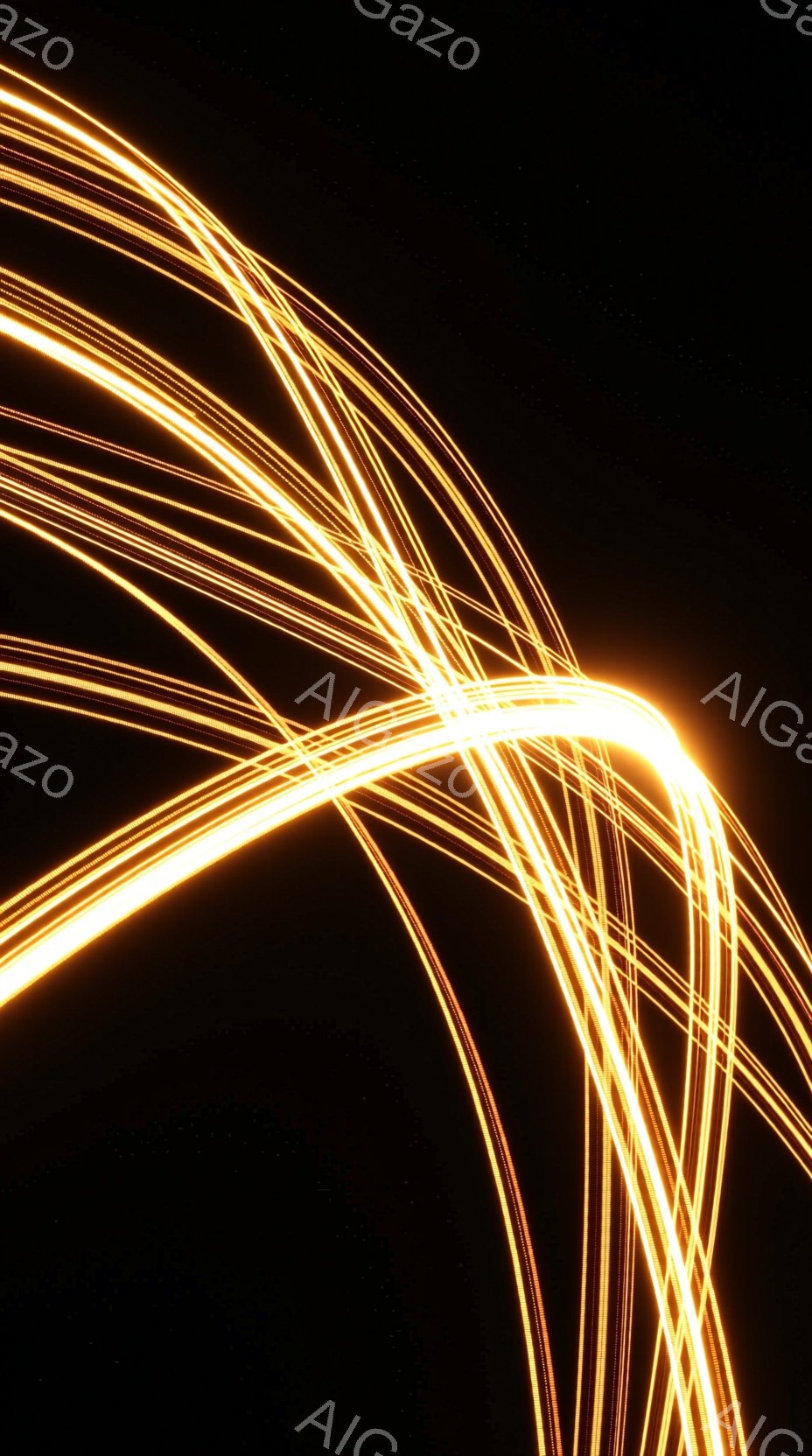 暗闇の中に、鮮やかなオレンジ色の光線が放射状に広がっている様子が捉えられています。光線は曲線を描き、まるでエネルギーの流れや星空の軌跡を思わせるダイナミックな表現となっています。背景は漆黒で、光線が際立ち、神秘的で未来的な雰囲気を醸し出しています。