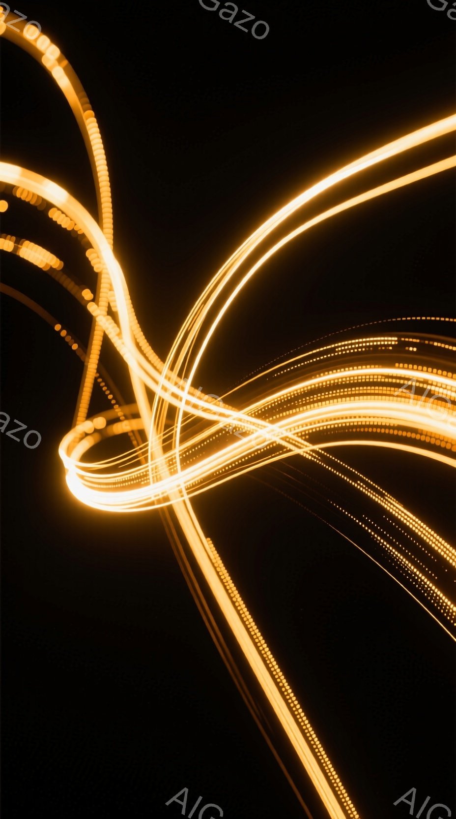 暗黒の背景に、明るいオレンジ色の光の線が放射状に広がっている。光線は流れるような軌跡を描き、まるでエネルギーの流れや速度感を表現しているかのようだ。全体的に神秘的で未来的な雰囲気を醸し出している。