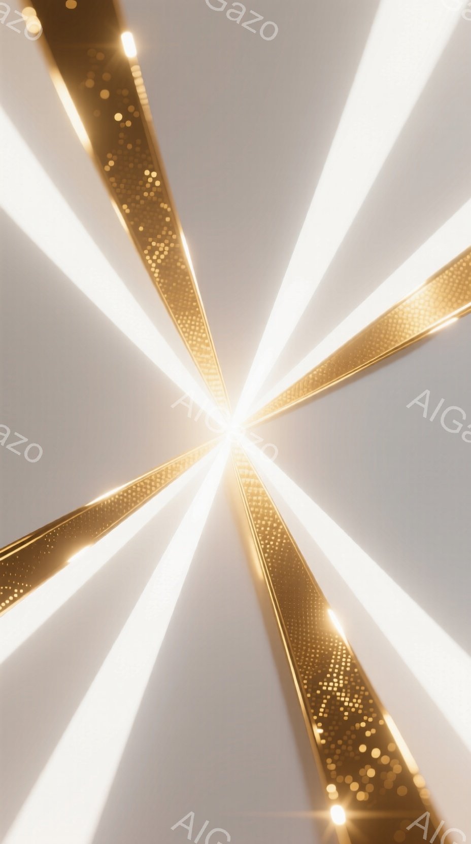 白い背景に、中心から放射状に伸びる光の筋が印象的な画像です。光の筋は金色で縁取られており、まるでスポットライトが照らしているような効果を生み出しています。きらびやかでドラマチックな雰囲気が特徴です。 - AI生成フリー素材