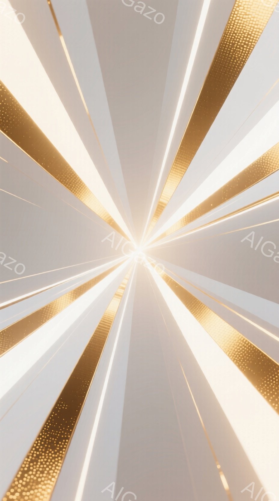 白とゴールドの光線が中心から放射状に広がる抽象的な画像です。光線は少しずつ色が変化し、中央に向かうにつれて明るさを増しています。 全体的に力強く、希望に満ちた、未来的な雰囲気です。