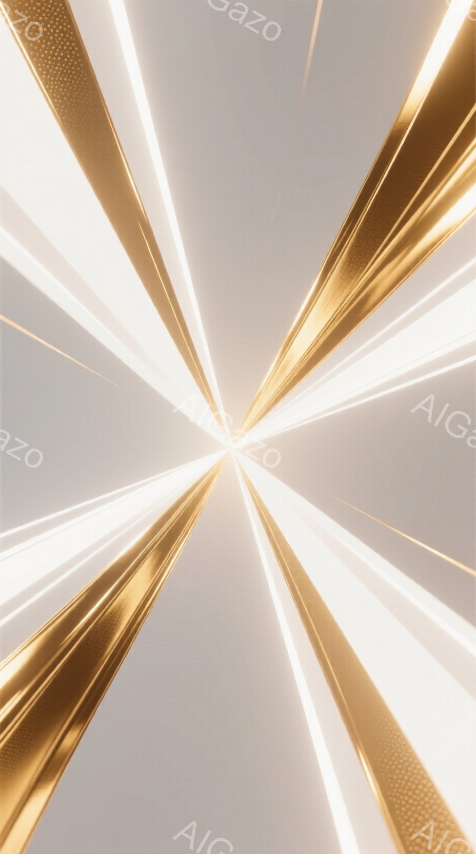 この画像は、中心から放射状に広がる金の光線と白い光線の抽象的な表現です。光線はテクスチャを持ち、光沢のある金色と明るい白色のコントラストが印象的です。背景は淡いグレーで、光線の強さを際立たせており、全体的に神聖で力強い雰囲気を醸し出しています。