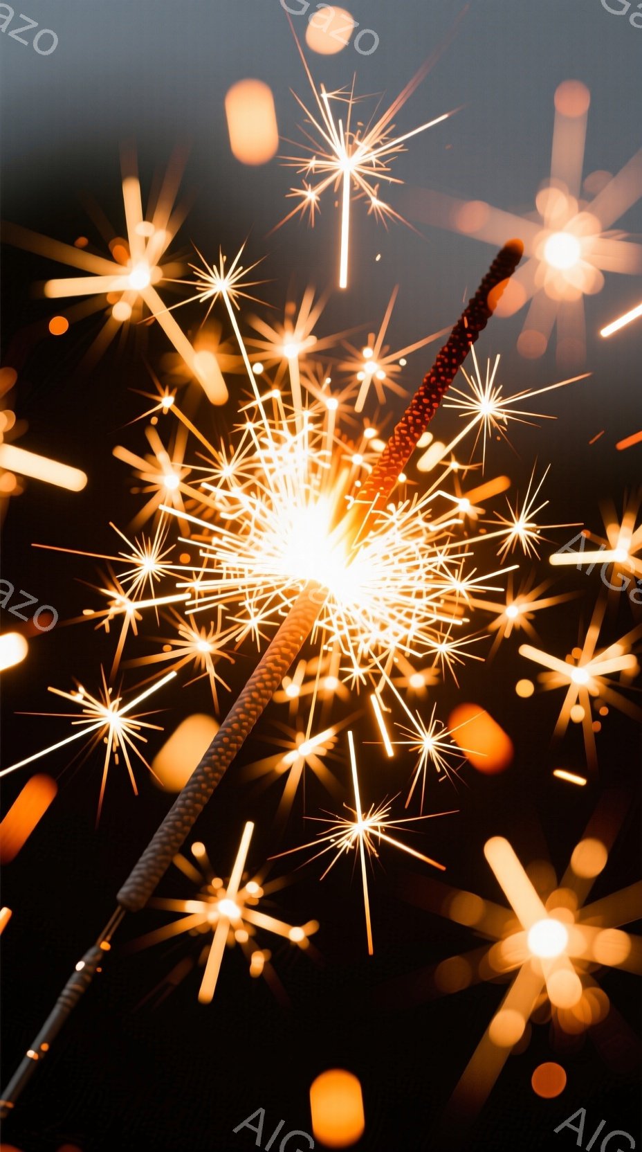 漆黒の背景に、燃え盛る花火が鮮やかに広がっている。花火は細く鋭い光の線が星のように四方八方に飛び散り、中心には明るいオレンジ色の光が強く輝いている。光の軌跡はぼやけており、躍動感と暖かさを感じさせる。