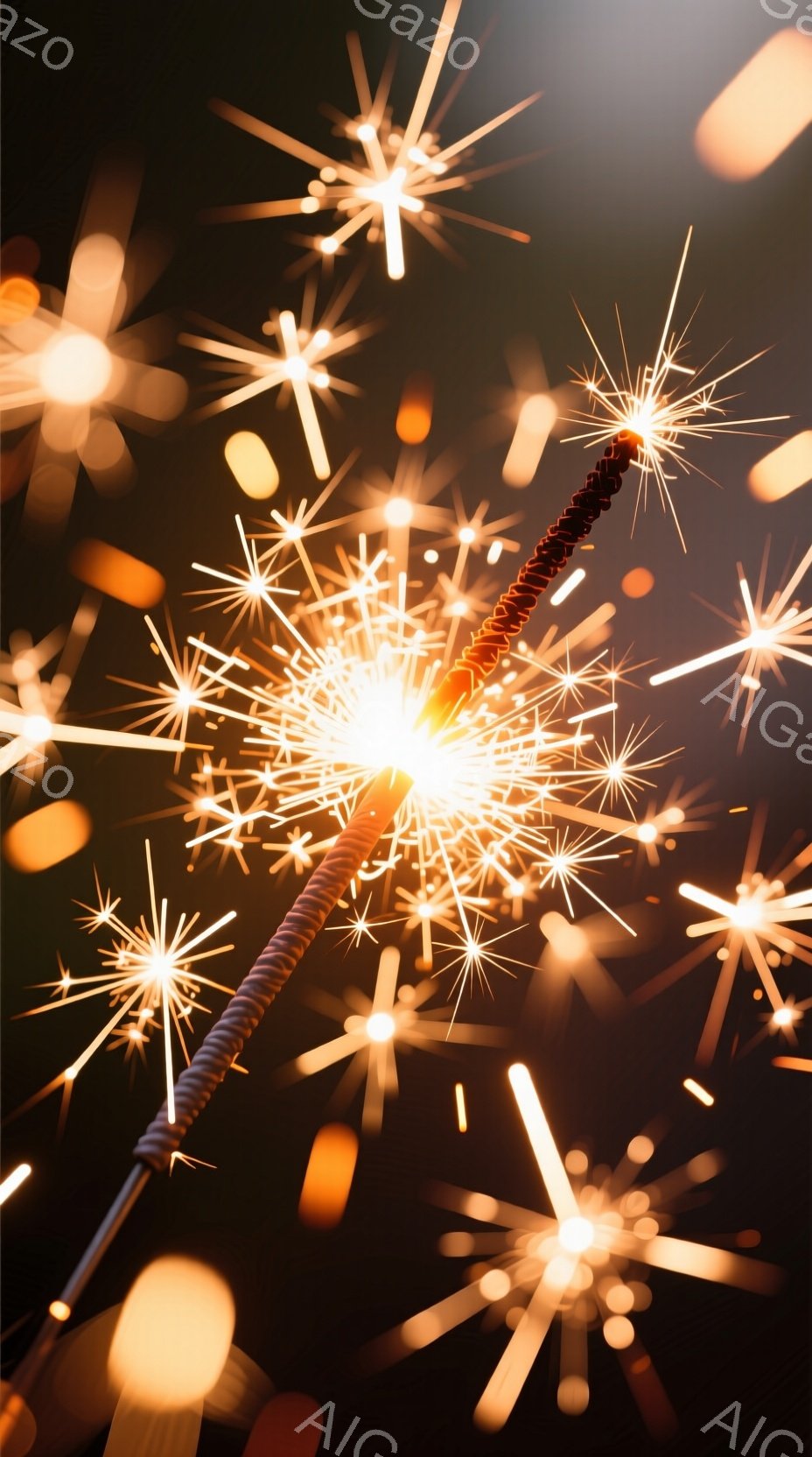 暗闇の中で無数の光の粒子が輝く、夜空を模したような一枚の写真です。中心には、まるで光の棒のように見えるものが縦に伸び、周囲に星屑のような光が散らばっています。全体的に暖色系の色調で、幻想的でロマンチックな雰囲気を醸し出しています。