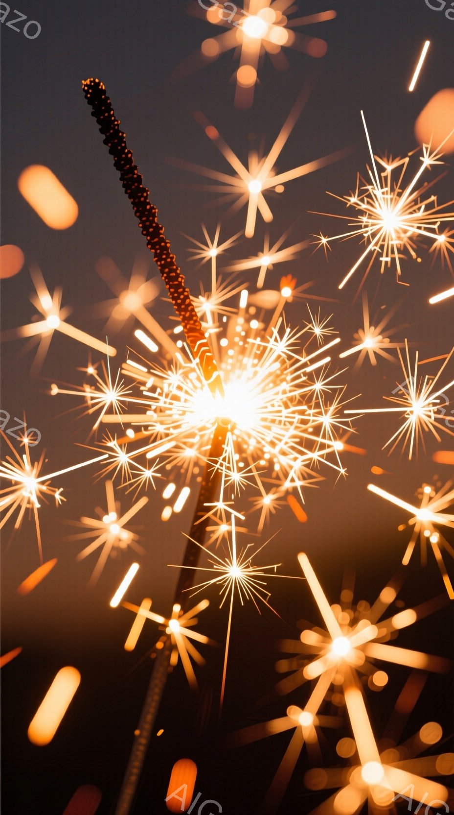 暗い背景に、光り輝く花火のような光の筋が多数広がっている。中心には、光を放つ棒のようなものが写っており、その周囲に星のような光が散らばっている。全体的に暖かく、幻想的な雰囲気で、お祝いや祭りのようなイベントを連想させる。