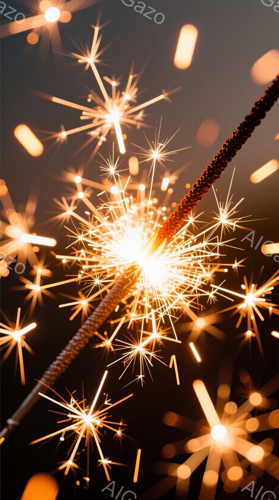 暗い背景に無数の輝く星のような光が散りばめられており、まるで夜空のようです。光の中心には、煙を上げながら燃え盛る花火のようなものが存在し、その光線が四方八方に広がっています。全体的に、幻想的で活気に満ちた、お祭りや祝賀行事の雰囲気を感じさせます。