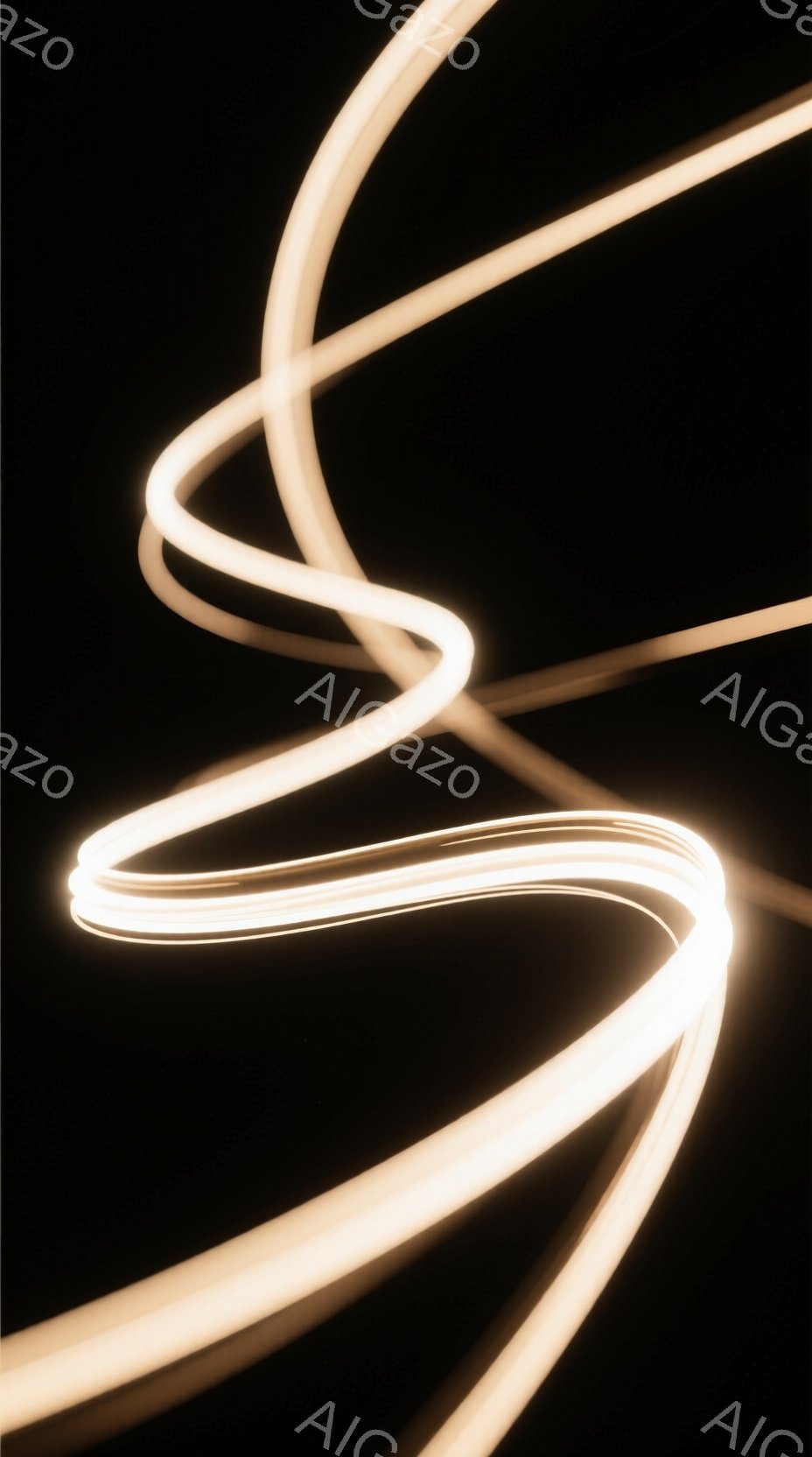 暗黒の背景に、光の線が螺旋状に伸びる様子が捉えられています。光は温かみのある黄色で、まるでエネルギーの流れや軌跡を表現しているかのようです。この画像は、動きと静止が混ざり合い、神秘的で未来的な雰囲気を醸し出しています。