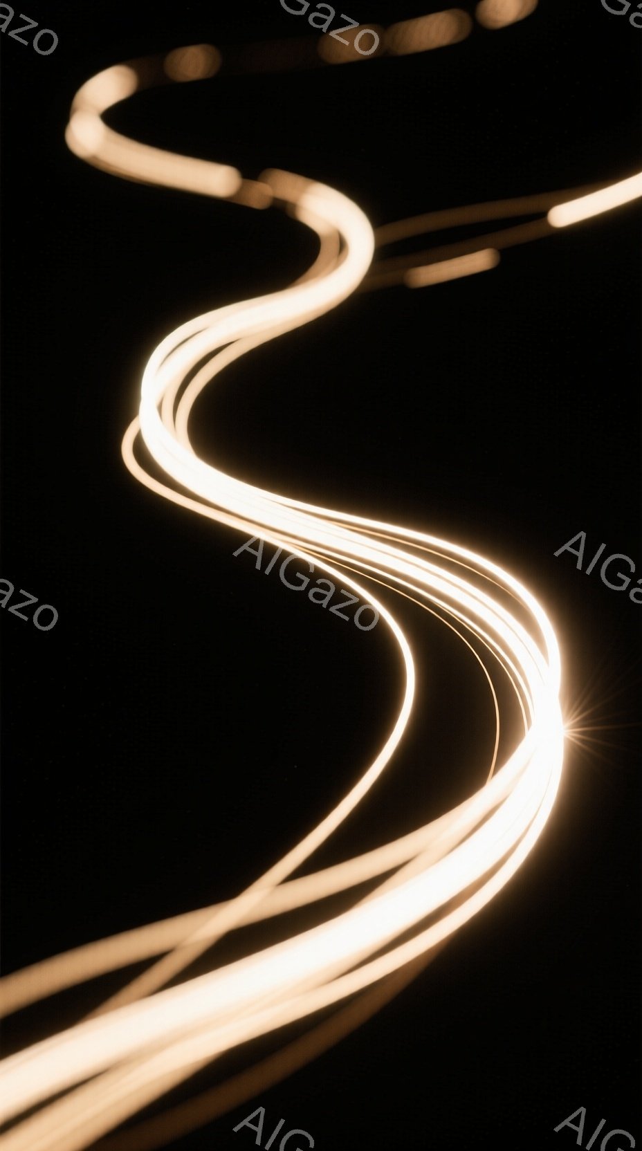 暗闇の中に、光の線が複数、流れるように描かれている。光は白く輝き、まるで高速で移動する光跡のようだ。背景は漆黒で、光の軌跡が際立っており、神秘的で動きのある雰囲気を醸し出している。