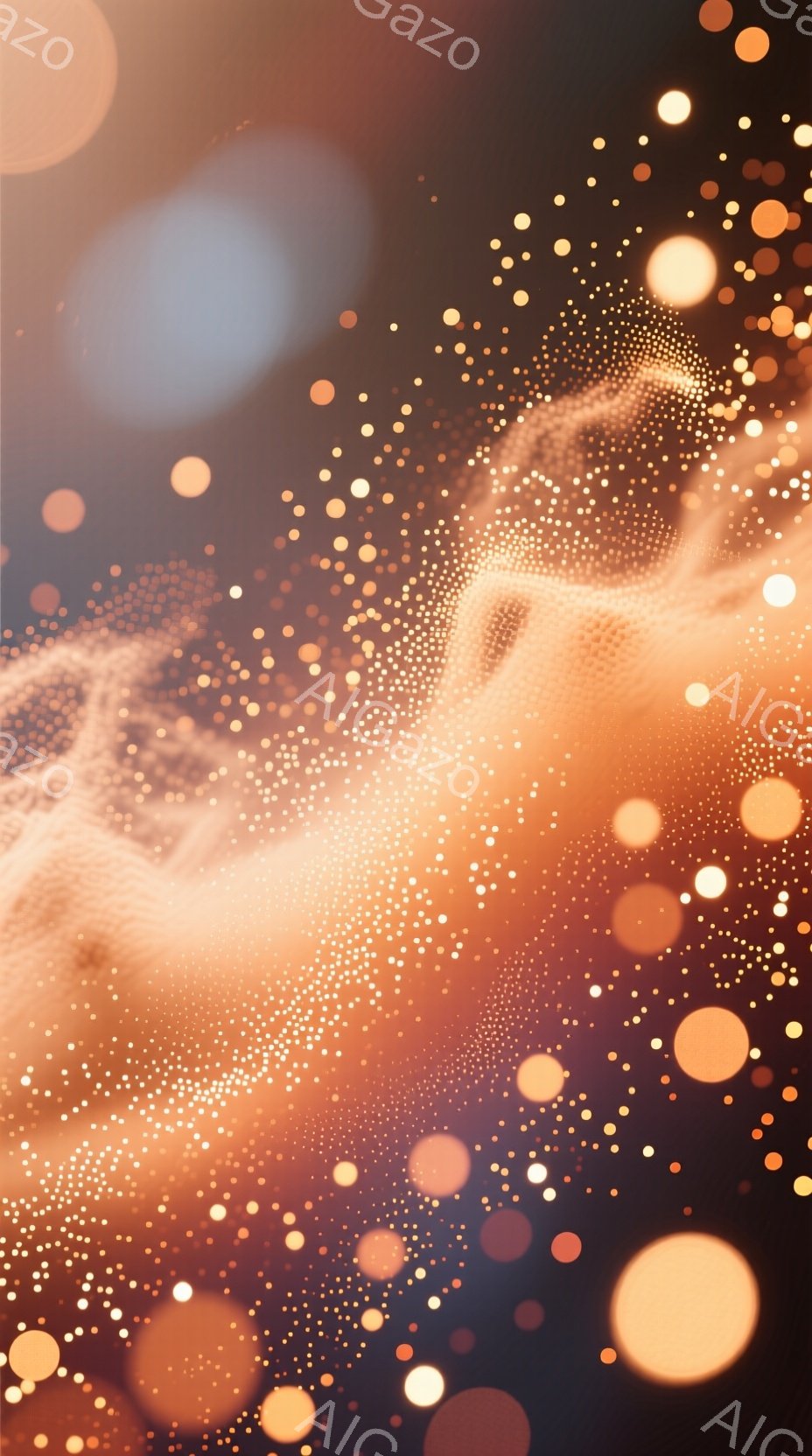 画像は、暖色系の輝く粒子で構成された抽象的な表現で、まるで星雲や光の集合体のように見える。粒子は様々な大きさで、背景は暗い色調で、光のコントラストが強調されている。全体的に、幻想的で神秘的な雰囲気が漂っている。