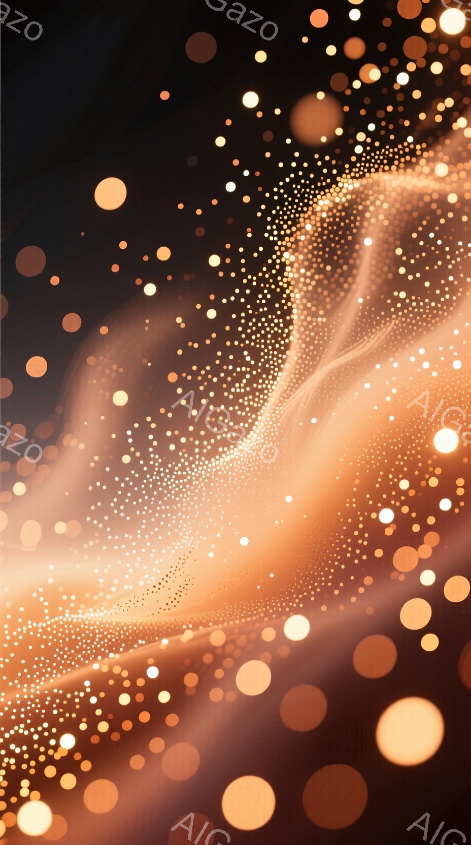 鮮やかなオレンジと茶色の光の粒子が、暗い背景の中で渦を巻いて漂う抽象的なイメージです。光の粒子は様々な大きさで、まるで星屑のように輝き、流れるような光の帯が全体を包み込み、幻想的な雰囲気を醸し出しています。このイメージは、暖かく、神秘的で、エネルギーに満ちた空間を表現しているように見えます。